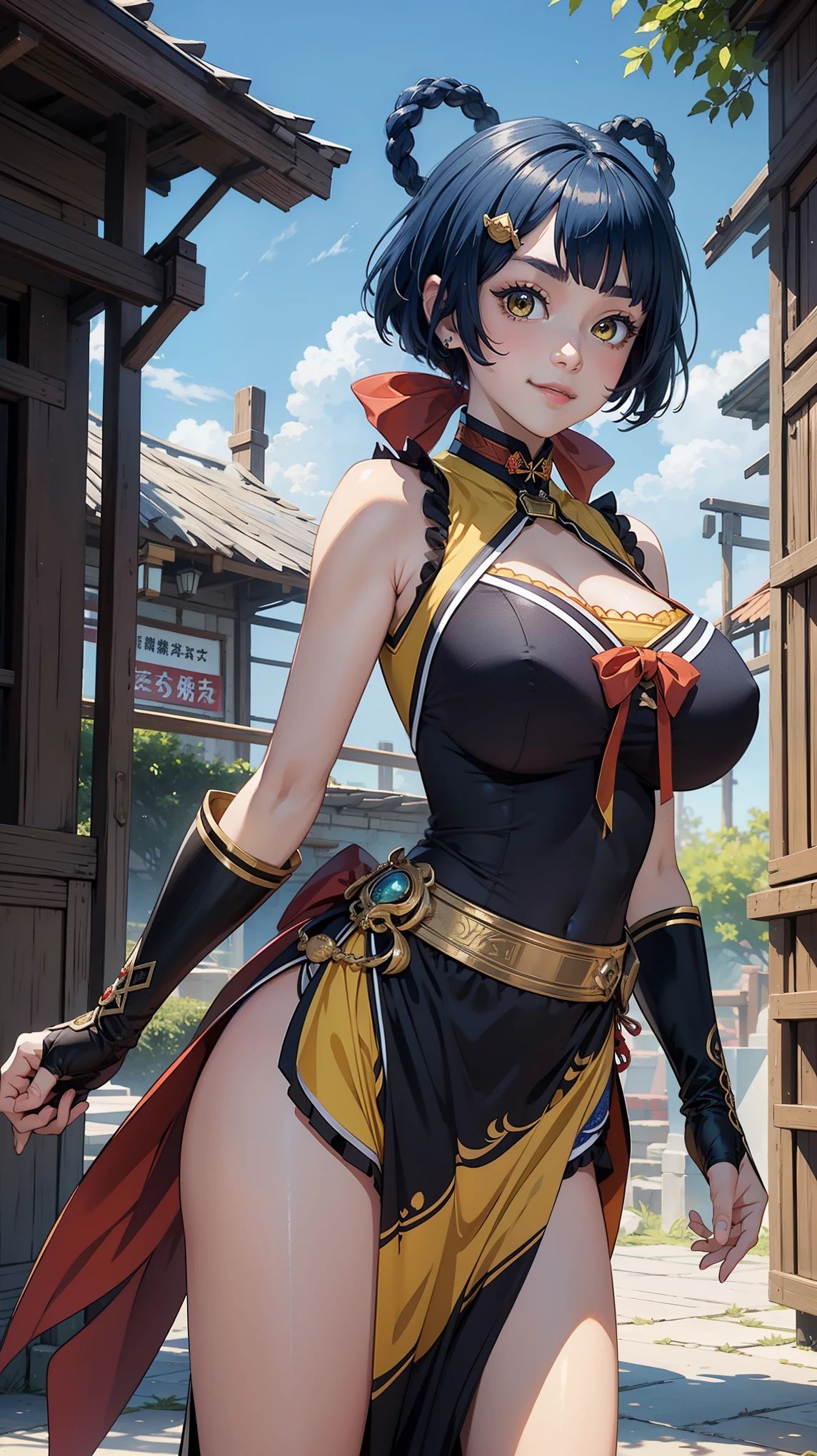 Masterpiece, high quality, 8k, ultra detailed, detailed face, huge breast, standing, detail face, standing, fantasy, smile, official art,  xianglingdef