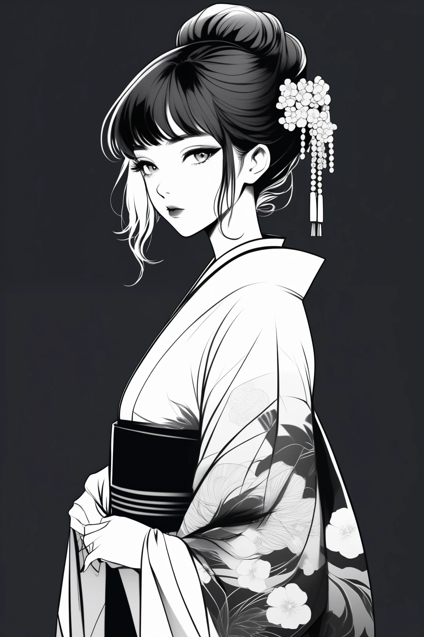 (best quality, sketch:1.2),realistic,illustrator,anime,1 girl, detailed lips, kimono,custom, black and white gradient background,neon hair,textured cropping, masterpiece, style retro classic, noir dark 