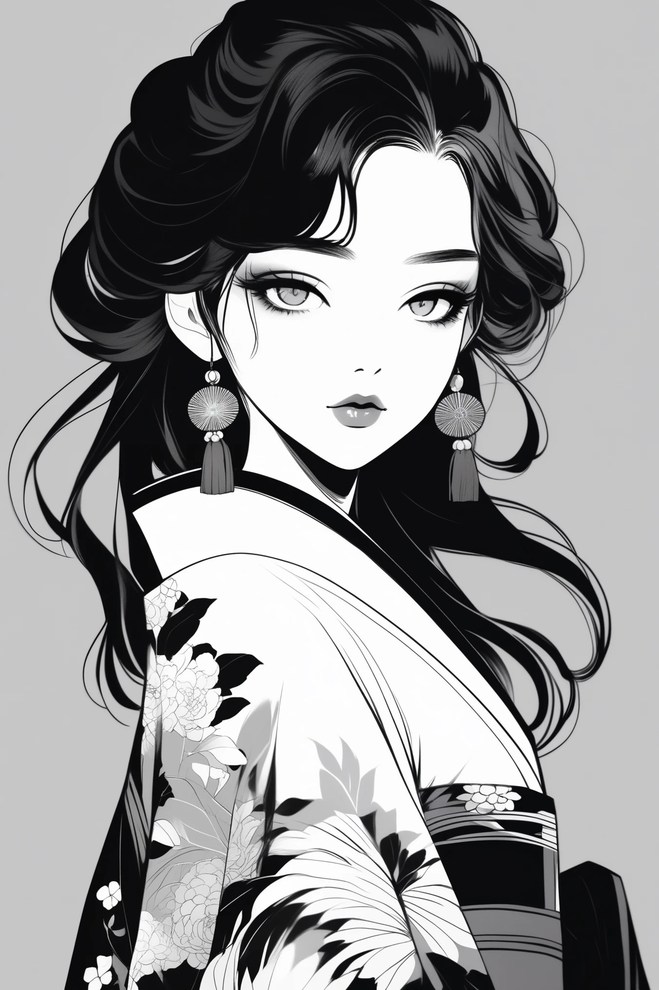 (best quality, sketch:1.2),realistic,illustrator,anime,1 girl, detailed lips, kimono,custom, black and white gradient background,neon hair,textured cropping, masterpiece, style retro classic, noir dark 