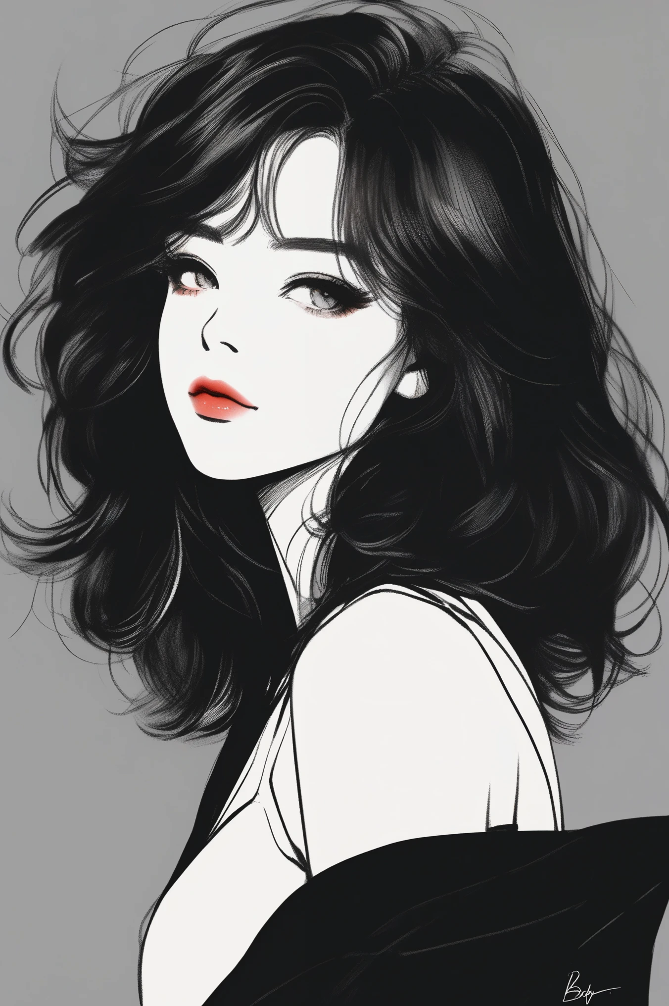 (best quality, sketch:1.2), epic realistic,illustrator,anime,1 women, detailed lips,custom, (background dark),textured cropping, hdr, details, masterpiece, style retro, colour gradient, art, (bob cascade hair (black:1.75) [neon:1.32])