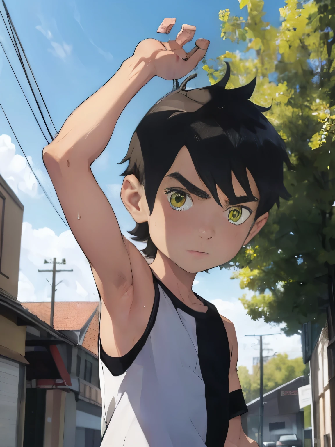 Highres, Masterpiece, Best quality at best,Best Quality, 1boy, bentennyson, green eyes, cargo pants, Tank top, Seen from the front, (Armpit), Sweat, the day, summer