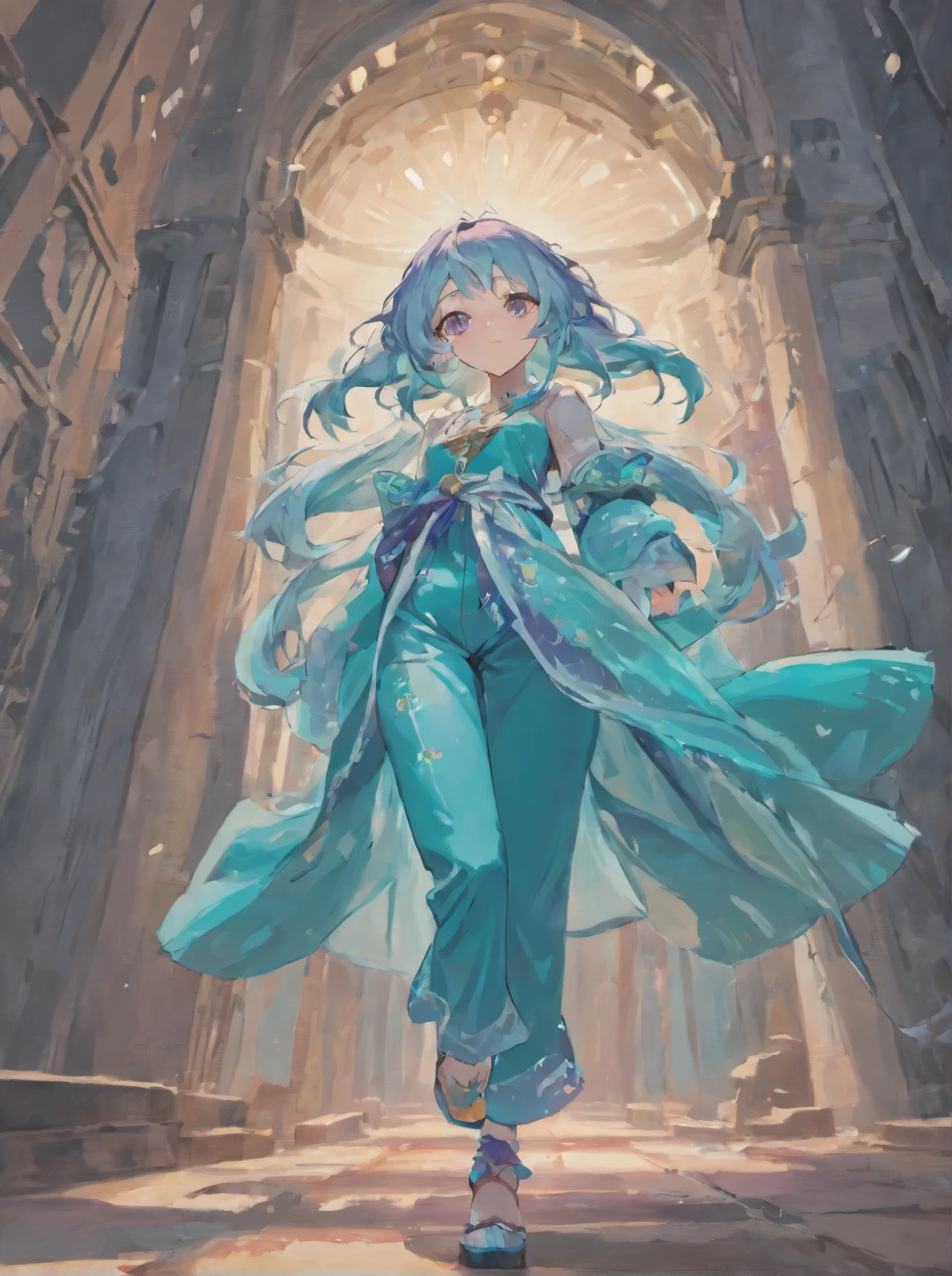 Masterpiece. High-resolution. (1girl) about 20 years old. Pretty beautiful girl. Standing pose. Imposing. Pretty big purple eyes. Delicate face. ((Long light blue hair)). Straight hair. Messy hair. Hair bangs. Hair blowing in the wind. ((Turquoise tunic)). ((Purple tide pants)). Leather boots. Greek ruins background with cosmic skies.