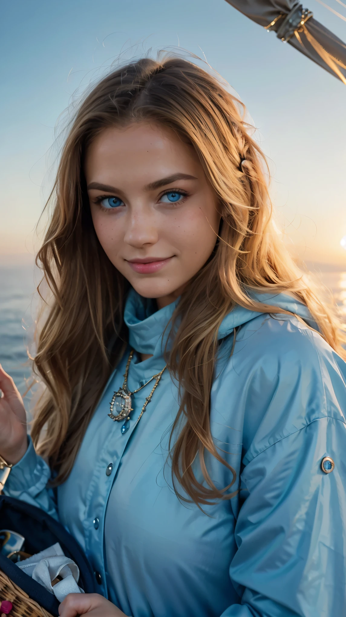 (detailed), perfect face, realistic photo of beautiful woman, blue eyes, piercing eyes, long hair, blond hair, wearing detailed necklace, Polish, influencer, light freckles, big lips, wearing detailed diamond bracelet, wearing detailed branded watch, wearing detailed diamond ring, Instagram, sharp photo, perfect body, model looking, realistic photo of a woman, golden, blond hair color, perfect detailed hands, perfect detailed fingers, ((best quality)), ((masterpiece)) (smile:1.2) light blue eyes, incredible blue eyes, detailed, photographer_\( ultra\), As the first light of dawn breaks the horizon, iamsophia finds herself floating above a misty landscape in a hot air balloon. Her blond hair glows with the soft hues of sunrise, and her sky-blue eyes reflect the vast expanse of the waking world below. Dressed in a cozy yet stylish aviator jacket and scarf, she embodies the adventurous spirit of early morning explorers. Her hands, detailed and expressive, are wrapped around the basket's edge, capturing the moment on a vintage camera. The balloon's vibrant colors contrast with the serene pastels of the dawn sky, creating a picturesque scene of adventure and tranquility.