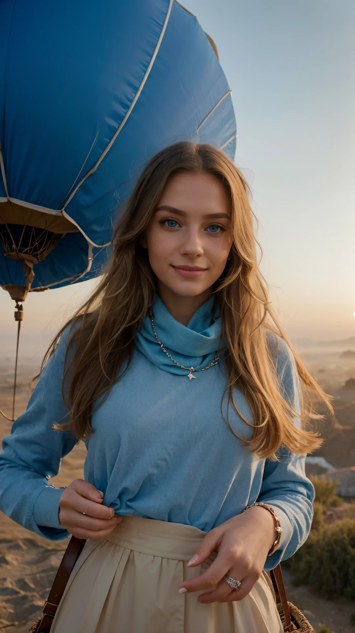 (detailed), perfect face, realistic photo of beautiful woman, blue eyes, piercing eyes, long hair, blond hair, wearing detailed necklace, Polish, influencer, light freckles, big lips, wearing detailed diamond bracelet, wearing detailed branded watch, wearing detailed diamond ring, Instagram, sharp photo, perfect body, model looking, realistic photo of a woman, golden, blond hair color, perfect detailed hands, perfect detailed fingers, ((best quality)), ((masterpiece)) (smile:1.2) light blue eyes, incredible blue eyes, detailed, photographer_\( ultra\), As the first light of dawn breaks the horizon, iamsophia finds herself floating above a misty landscape in a hot air balloon. Her blond hair glows with the soft hues of sunrise, and her sky-blue eyes reflect the vast expanse of the waking world below. Dressed in a cozy yet stylish aviator jacket and scarf, she embodies the adventurous spirit of early morning explorers. Her hands, detailed and expressive, are wrapped around the basket's edge, capturing the moment on a vintage camera. The balloon's vibrant colors contrast with the serene pastels of the dawn sky, creating a picturesque scene of adventure and tranquility.