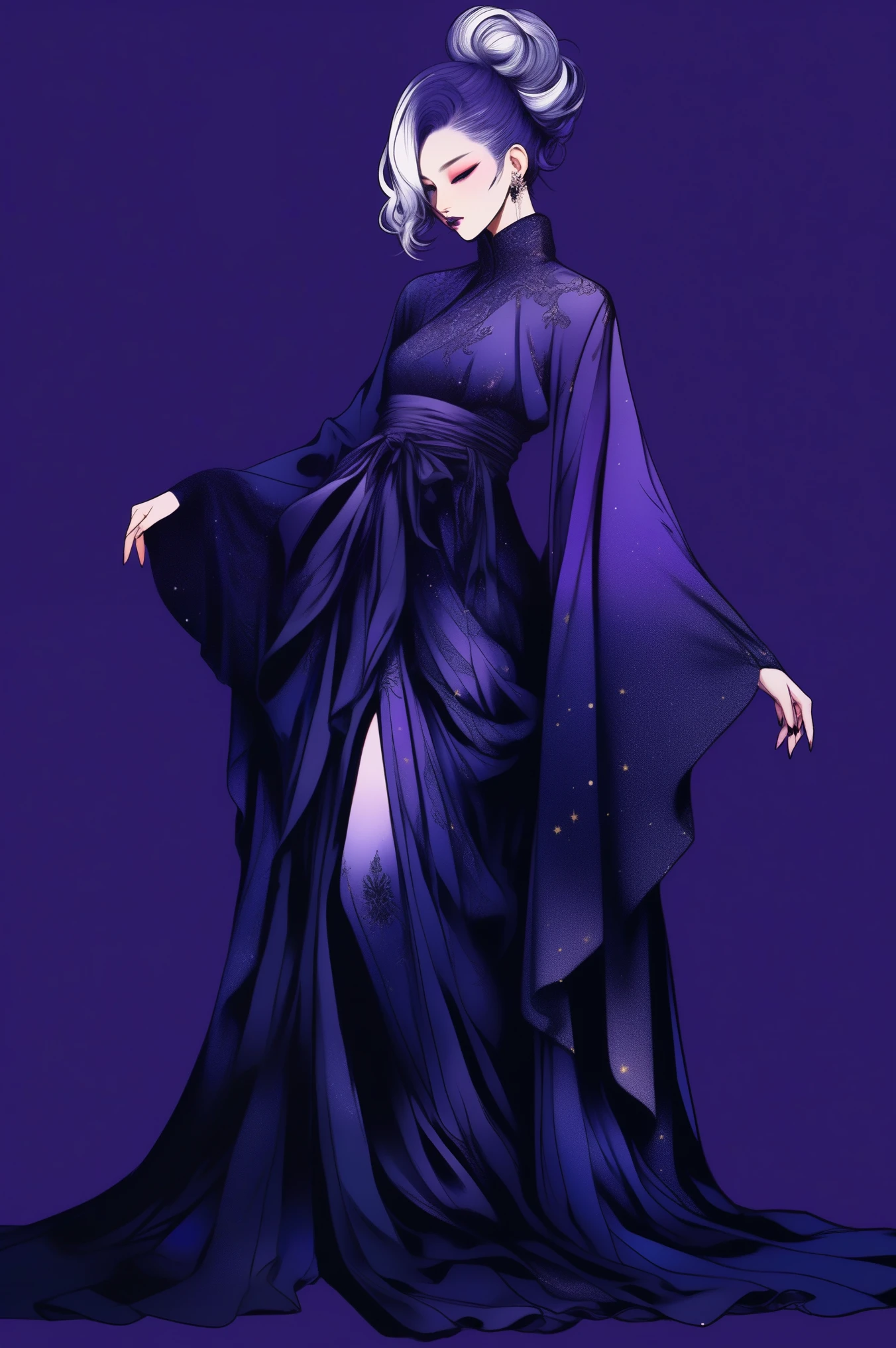 (best quality, sketch:1.2),realistic,illustrator,anime,1 girl, detailed lips, kimono,custom, bad women, details, black and toxic gradient background,neon hair,textured cropping, masterpiece, style retro classic, a close up of women dummy, sexy dress, silk dress, mercury dress, astral dress, beautiful silky dress, sexy gown, dark dress, dark purple garments, revealing stylish dress, dark astral dress, soft silk dress, elegant dark blue dress, stylish dark dress, airbrush dark dress, fantasy dress, baroque dress, extravagant dress