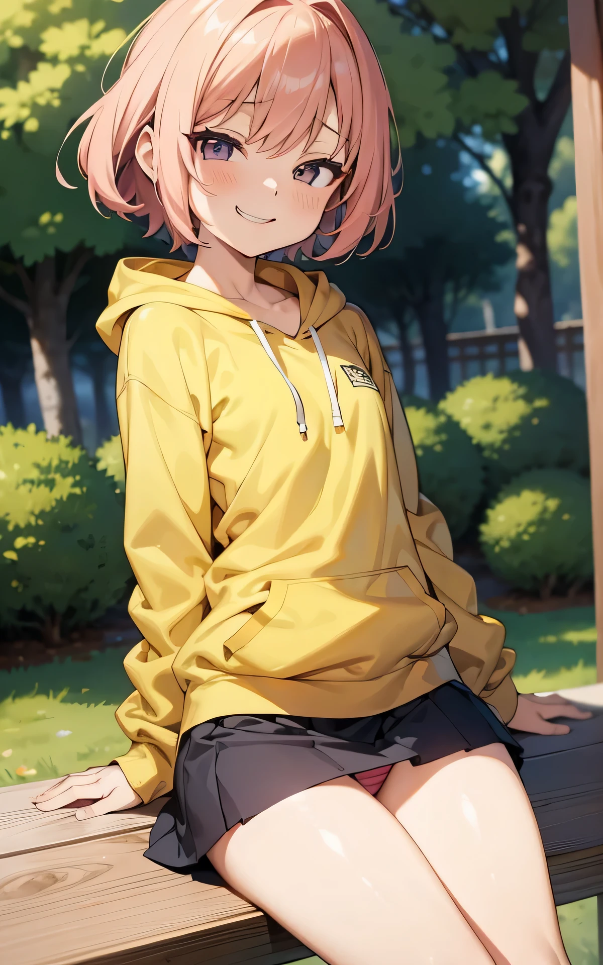 realisticlying,flat color, anime coloring, extremely detailed CG、high resolution、absurderes、detailed background:1.3、1 girl、、( short stature:1.3、 small breasts、shiny skin、sitting、cotton material panties、spread legesugaki、mesugaki、mini skirt, hoodie), evil smile:1.3, outdoor
