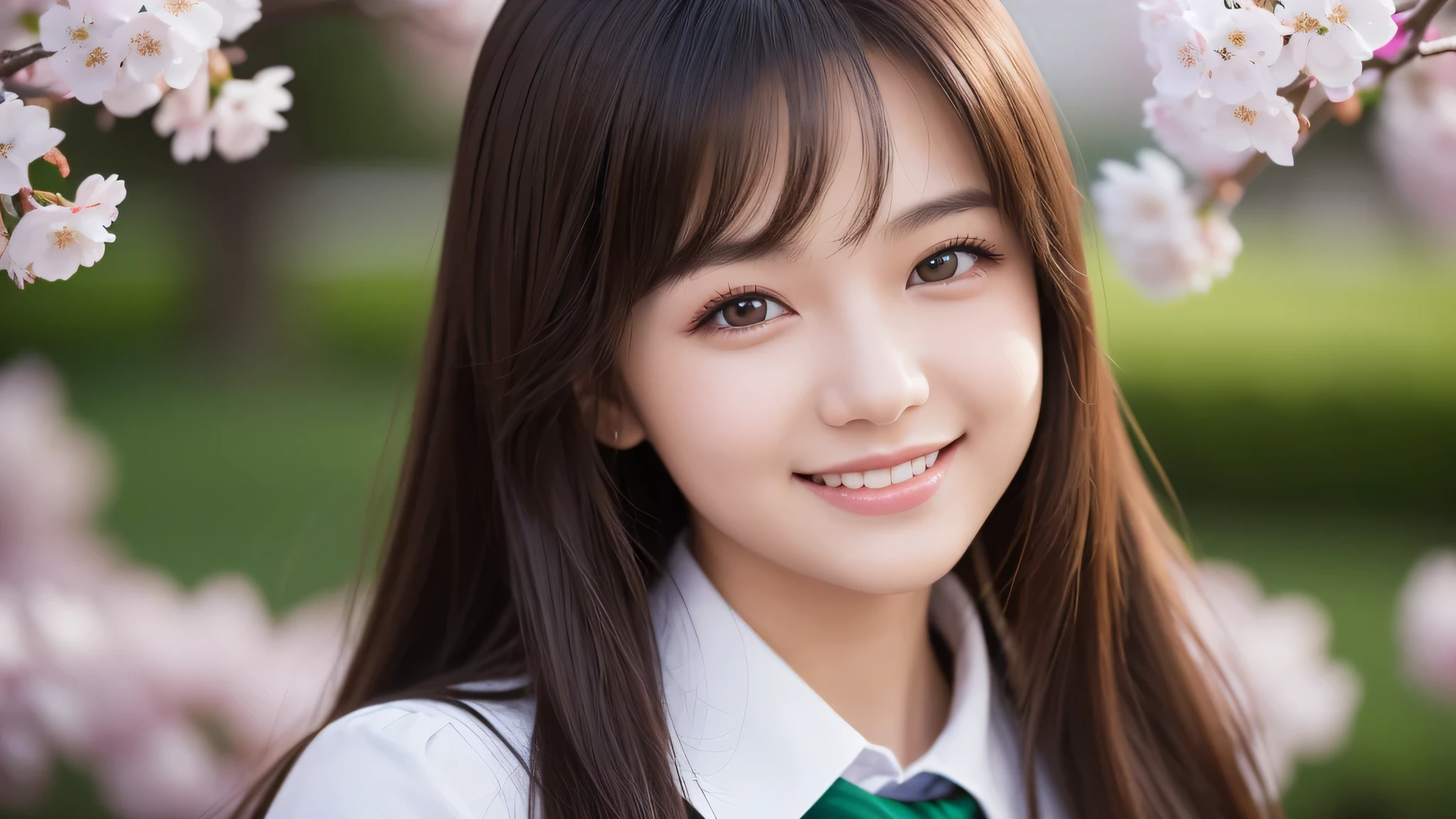 1girl, (Best Quality:1.4), (Ultra-detailed), (extremely detailed beautiful face), Amazing face and eyes, (long hair), cute smile, brown eyes, (highly detailed Beautiful face), (high school uniform:1.2), (extremely detailed CG unified 8k wallpaper), Highly detailed, High-definition raw color photos, Professional Photography, Realistic portrait, evening, Extremely high resolution, smiling, cherry blossoms,