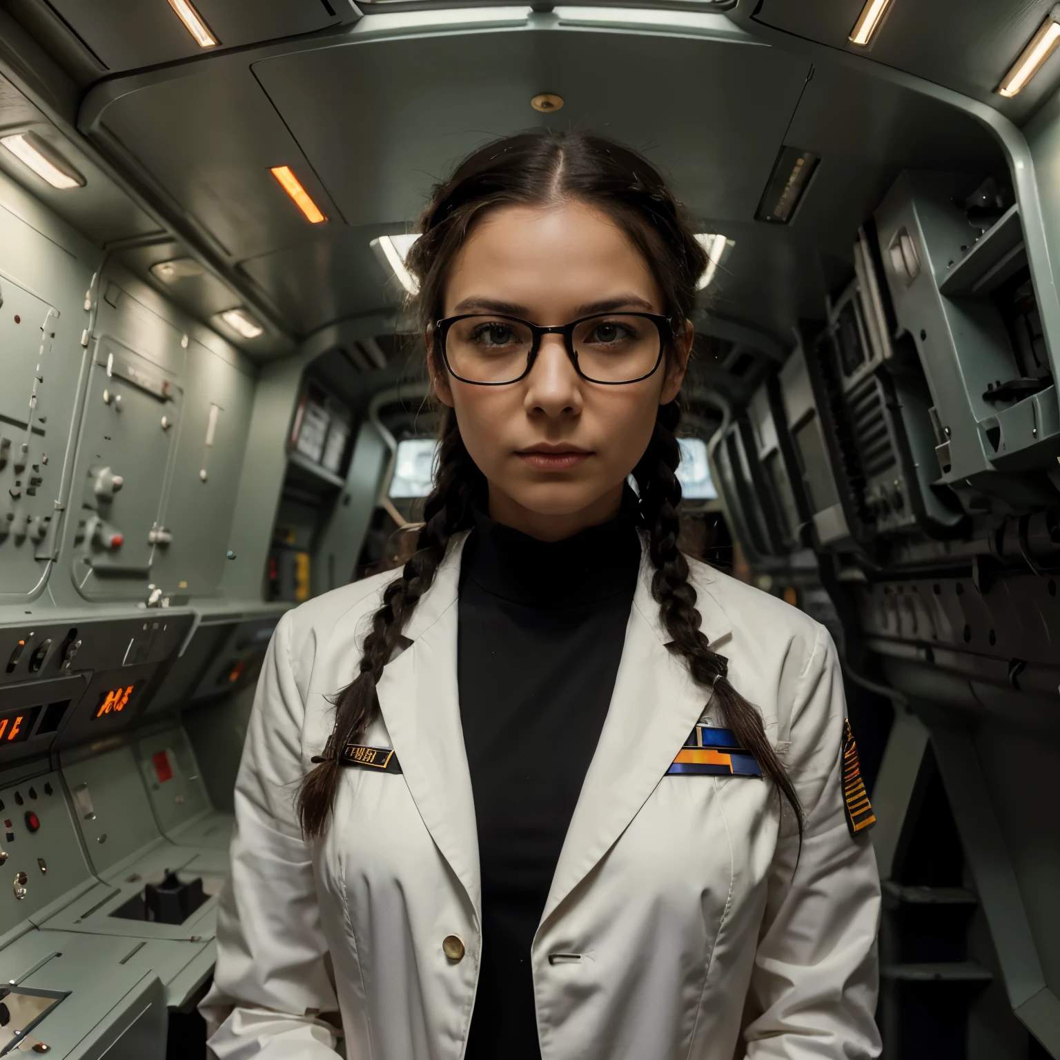 high definition,woman,small size,black hair,double braid hairstyle,bang bang,green eyes,red glasses,in formal dress,uniform,white coat,dark expression,warship,ship aircraft carrier, futuristic, science fiction, warplane, space, war