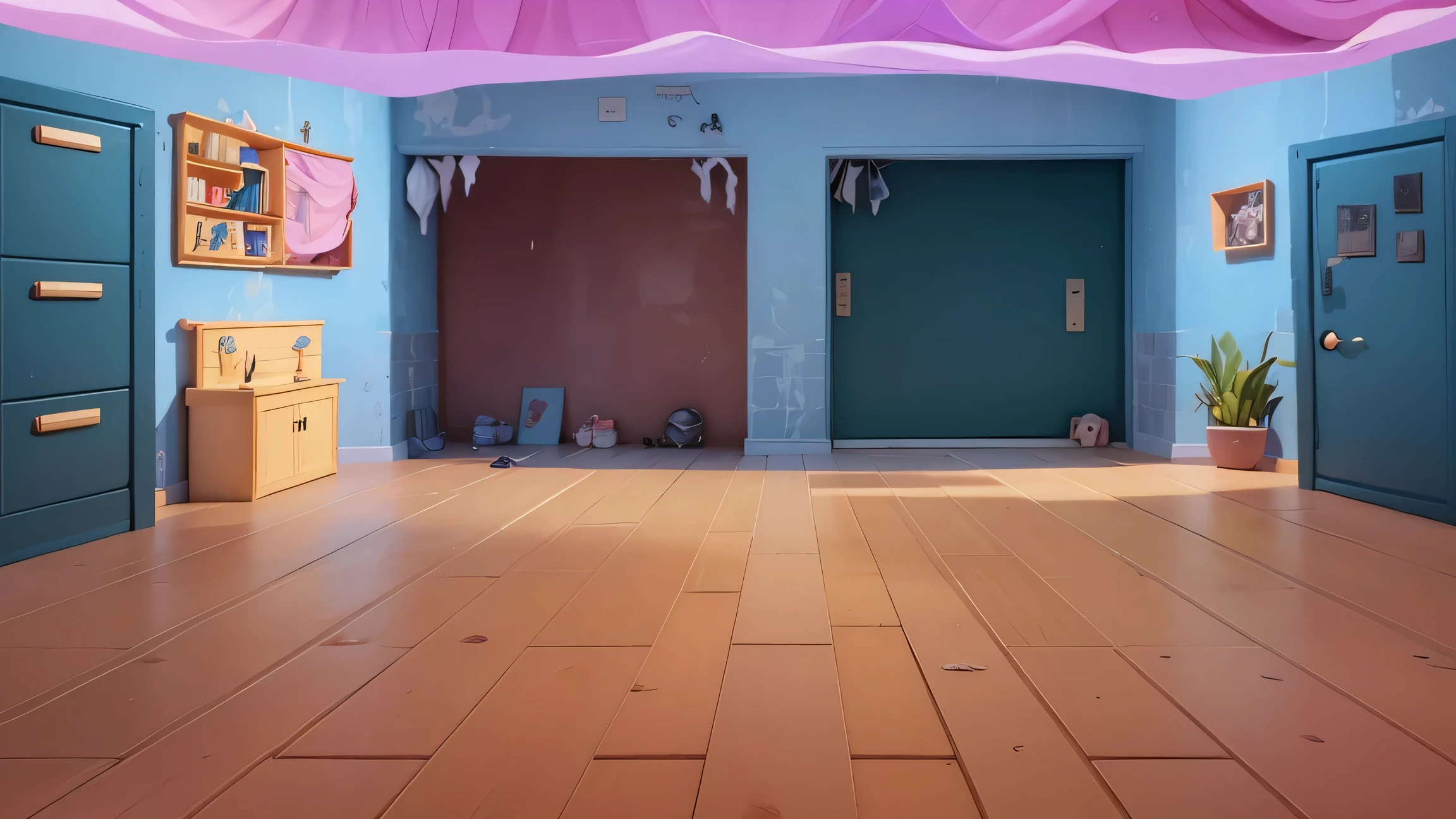 cartoon illustration of a room with a desk, cabinets, and a blackboard, interior background art, alien room background, in a dungeon background, dance hall background, background art, dungeon background, background is a low light museum, dark show room, claustrophobic room, random background scene, ghost room, haunted background, personal room background, 2 d game art background
