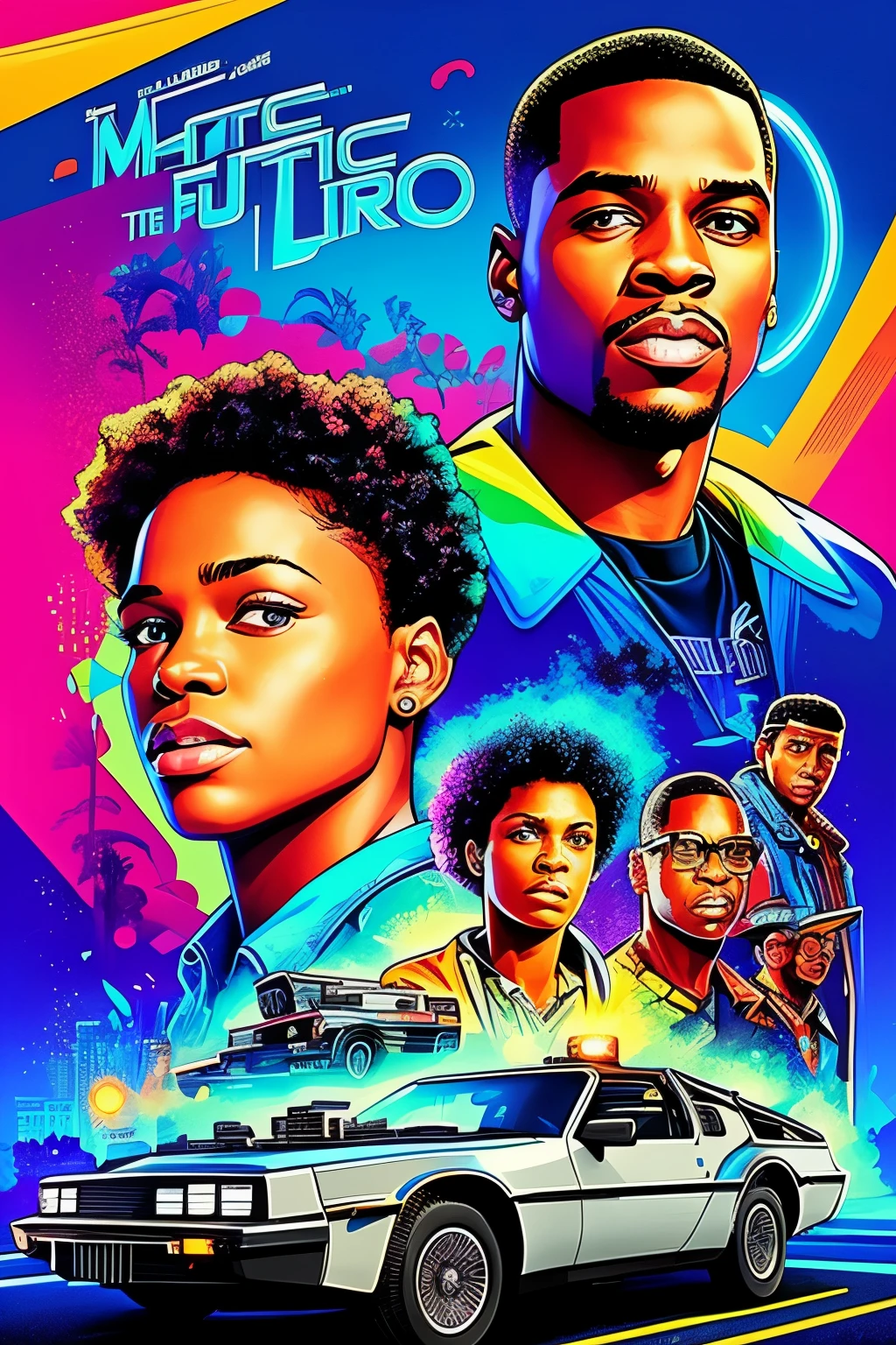 (masterpiece) An insanely detailed movie poster design featuring Black people as the main characters in a retro-futuristic scene reminiscent of "Back to the Future," with no white people in sight. The intricate, high-definition illustration showcases a diverse cast standing confidently amidst a backdrop of futuristic technology and time-traveling vehicles. Each character is rendered with remarkable detail and expressive body language, showcasing a range of emotions. The colors palette is rich and vibrant, with pops of neon hues against the bold, graphic lines of the background. The overall design exudes a sense of excitement and inspiration, challenging traditional representations and celebrating the ingenu