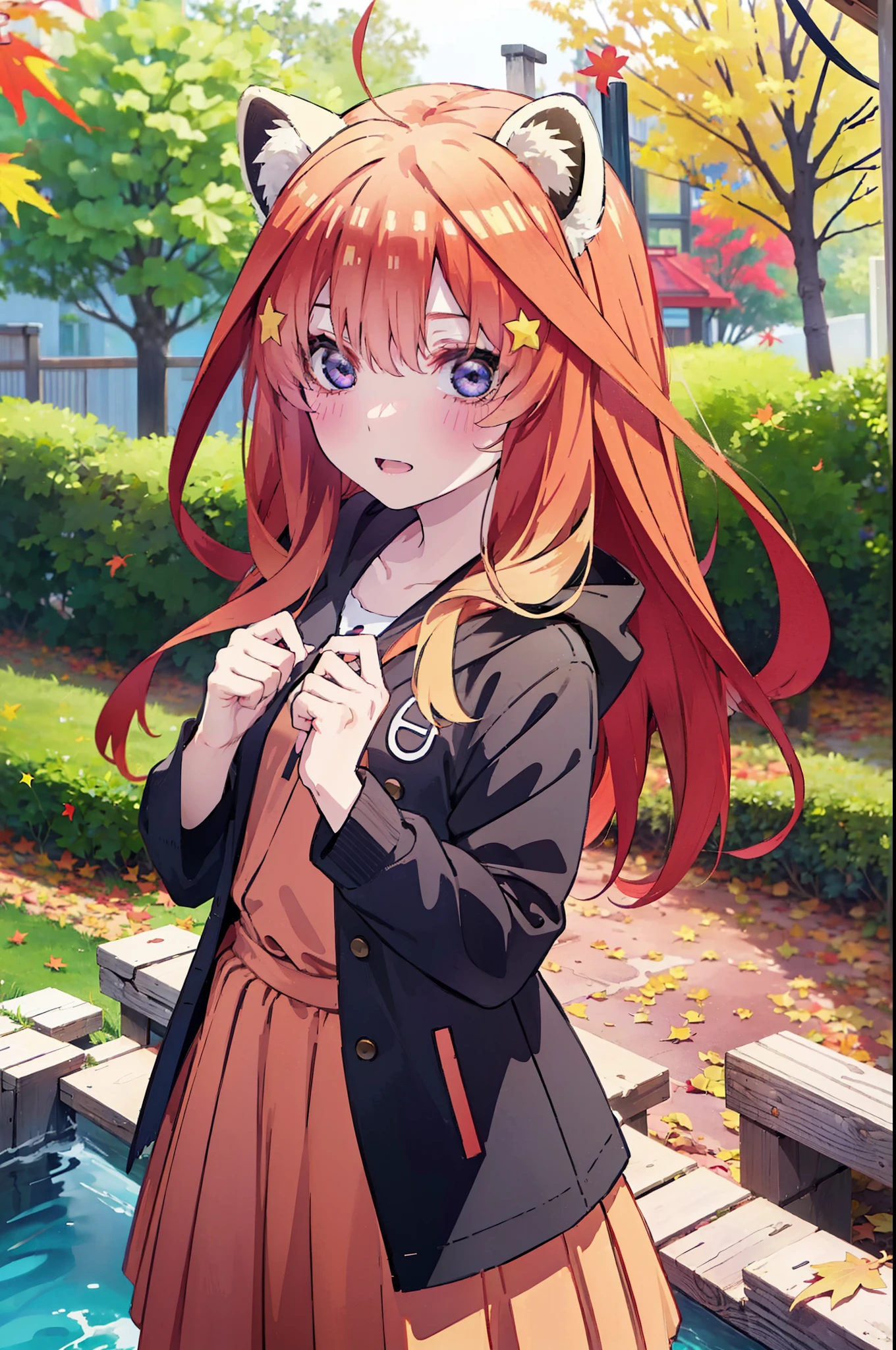 itsukinakano, itsuki nakano, bangs, blue eyes, hair between eyes, Ahoge, redhead, star \(symbol\), short braided hair,hair ornaments, star hair ornaments,smile,blush,animal ears raccoon ears,animal tail raccoon tail,red hoodie,white long skirt,Cute Sandals,autumn leaves,autumn leavesが散っている,autumn leaves道,whole bodyがイラストに入るように,
break outdoors,garden,
break looking at viewer,whole body,(cowboy shot:1.5),
break (masterpiece:1.2), highest quality, High resolution, unity 8k wallpaper, (shape:0.8), (beautiful deしっぽed eyes:1.6), extremely deしっぽed face, perfect lighting, extremely deしっぽed CG, (perfect hands, perfect anatomy),