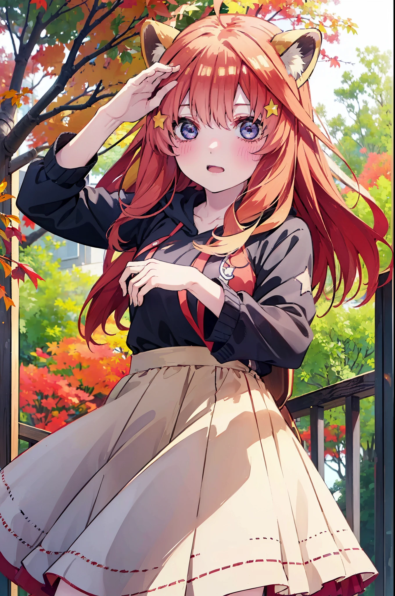 itsukinakano, itsuki nakano, bangs, blue eyes, hair between eyes, Ahoge, redhead, star \(symbol\), short braided hair,hair ornaments, star hair ornaments,smile,blush,animal ears　raccoon ears,animal tail　raccoon tail,red hoodie,white long skirt,Cute Sandals,autumn leaves,autumn leavesが散っている,autumn leaves道,whole bodyがイラストに入るように,
break outdoors,garden,
break looking at viewer,whole body,(cowboy shot:1.5),
break (masterpiece:1.2), highest quality, High resolution, unity 8k wallpaper, (shape:0.8), (beautiful deしっぽed eyes:1.6), extremely deしっぽed face, perfect lighting, extremely deしっぽed CG, (perfect hands, perfect anatomy),