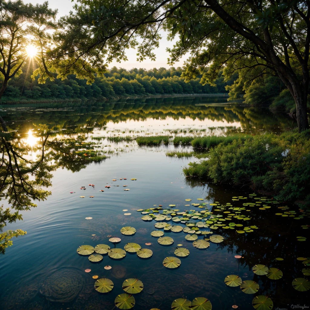 best quality,ultra-detailed,realistic:1.37,illuminated,peaceful evening pond,serene landscape,warm sunlight,rippling water,reflection of the sky and surrounding trees,tranquil atmosphere,soft grass,gentle breeze,colorful flowers,calm and clear blue water,lily pads floating on the surface,frogs croaking,dragonflies dancing in the air,subtle sounds of nature,gorgeous sunset colors,soft pastel hues,subdued lighting,blending of warm and cool tones,artistically painted scene,impressionistic style,painterly brushstrokes,subtle play of light and shadow,intricate details in the foliage,subtle ripples in the water's surface,peaceful mood,evoking a sense of serenity and tranquility.