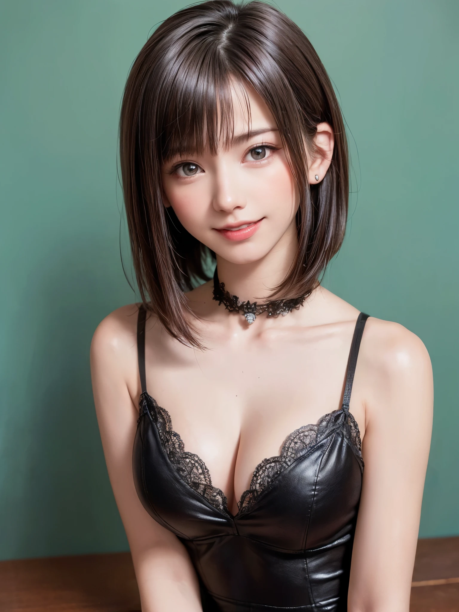 (table top, highest quality、ultra high resolution、face focus focus、focus on the sides、navel focus、decolletage focus、very attractive beauty、Add intense highlights to your eyes、look closely at the camera:1.4、Absolutely beautiful bangs:1.4、Brunette short bob hair with bangs:1.4),1 girl, Report, black haired, realistic, looking at the viewer, pale black eyes, short hair, lips, lip gloss, Upper body、Big eyes、eyelash)、((italian natural background、hyper real stick:1.4))、((short hair with bangs:1.4、Beautiful bangs with 46 points:1.4、{Huge|big|Hugeな|mega} chest:2, cleavage:2、Big eyes、Give your students very powerful highlights、very bigger chest、look at the audience、very beautiful beauty、show me your ears、beautiful long neck、beautiful decollete、smile、A smilee　beautiful teeth、Open your mouth and smilee))、28 years old、very cute super model、perfect anatomy