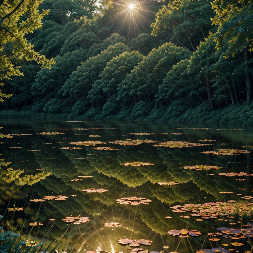 (best quality,highres,masterpiece:1.2),ultra-detailed,realistic,beautiful sunset reflection on water,serene atmosphere,lush green vegetation,ripples on the pond surface,golden sunlight streaming through the trees,tranquil stillness,peaceful ambiance,subtle color gradients,delicate brushstrokes,impressionistic style,pastel color palette,soft and warm lighting,harmonious composition,calm and meditative,sparkling water droplets,conveying a sense of tranquility,ethereal and dreamlike quality,subdued tones,gentle breeze rustling the leaves,dappled sunlight on the ground,whispering grasses,depth and dimension,recreating nature's beauty on canvas,serene and soothing,reflective and contemplative,meticulous attention to detail,meticulously rendered foliage and flora,refined and elegant,impeccable craftsmanship,captivating and immersive,invoking a sense of serenity and peace,inviting viewers to escape into the peacefulness of the scene.