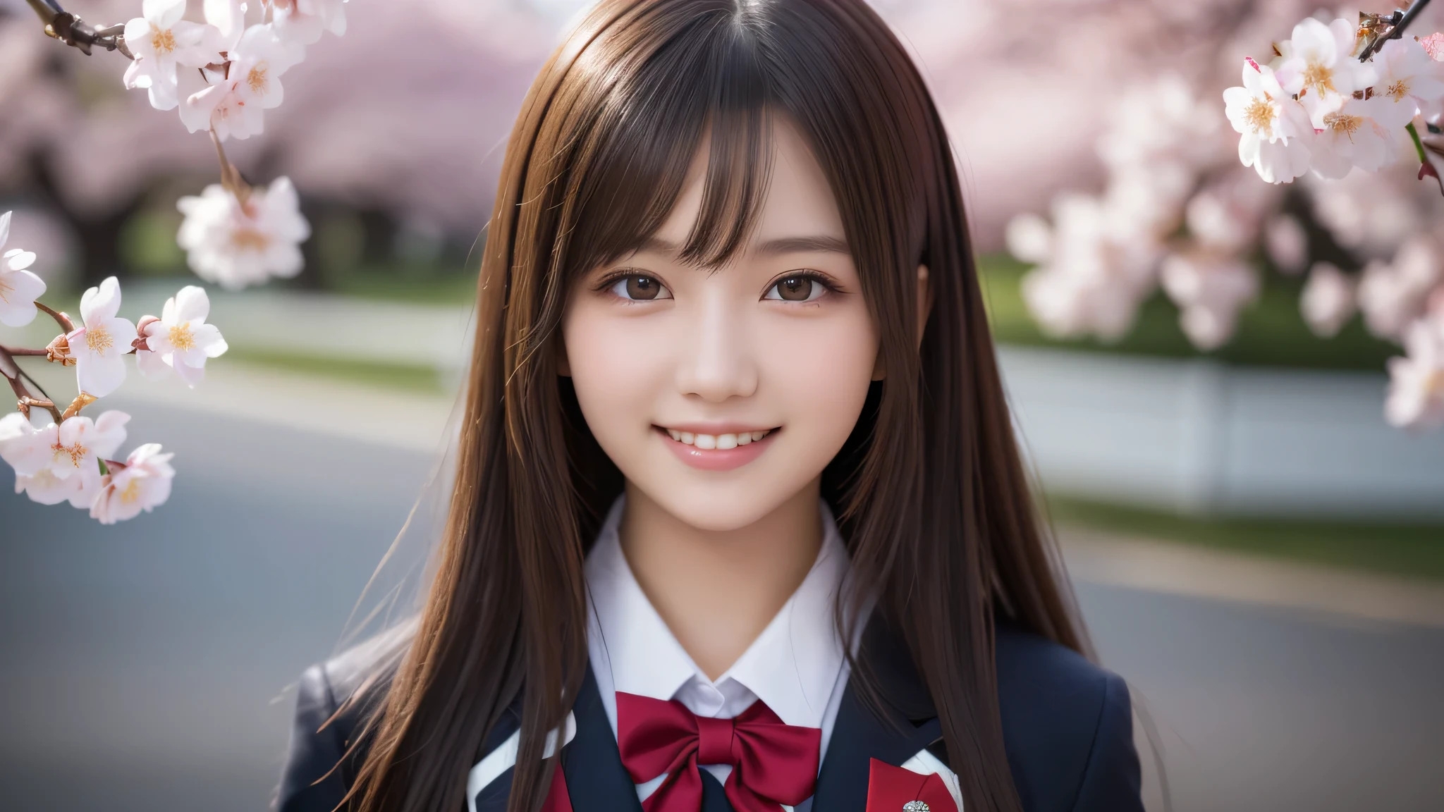 1girl, (Best Quality:1.4), (Ultra-detailed), (extremely detailed beautiful face), Amazing face and eyes, (long hair), cute smile, brown eyes, (highly detailed Beautiful face), (high school uniform:1.2), (extremely detailed CG unified 8k wallpaper), Highly detailed, High-definition raw color photos, Professional Photography, Realistic portrait, evening, Extremely high resolution, smiling, cherry blossoms,