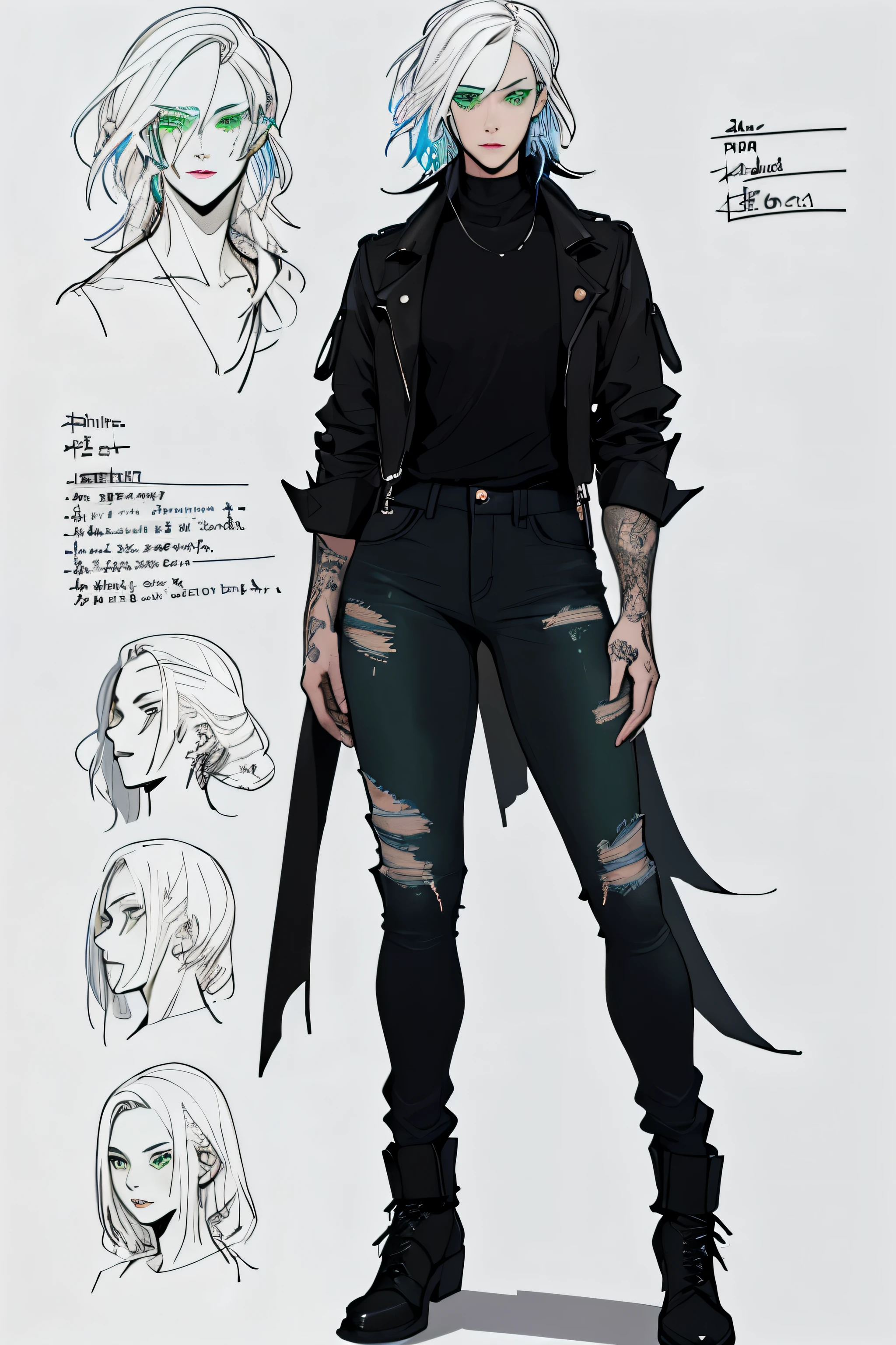 1 girl, Sidecut hair, vi arcane, Sidecut hair, teenager, hyper realistic hands, detailed hyper realistic eyes, rock jacket, jeans, black clothing, white hair, light background, full body, long hair, teenager, tribal tattoo, colorful parts, sketchbook, hand drawn hand, symbols, dark, bold, realistic sketch, sketch, mixing dark lines and loose lines, bold lines, on paper, turn on character sheet, human woman, green eyes, full body, elegant pose, lots of details, stylish outfit, symbols, runes, dark theme, black shirt, beautiful, pretty, modest