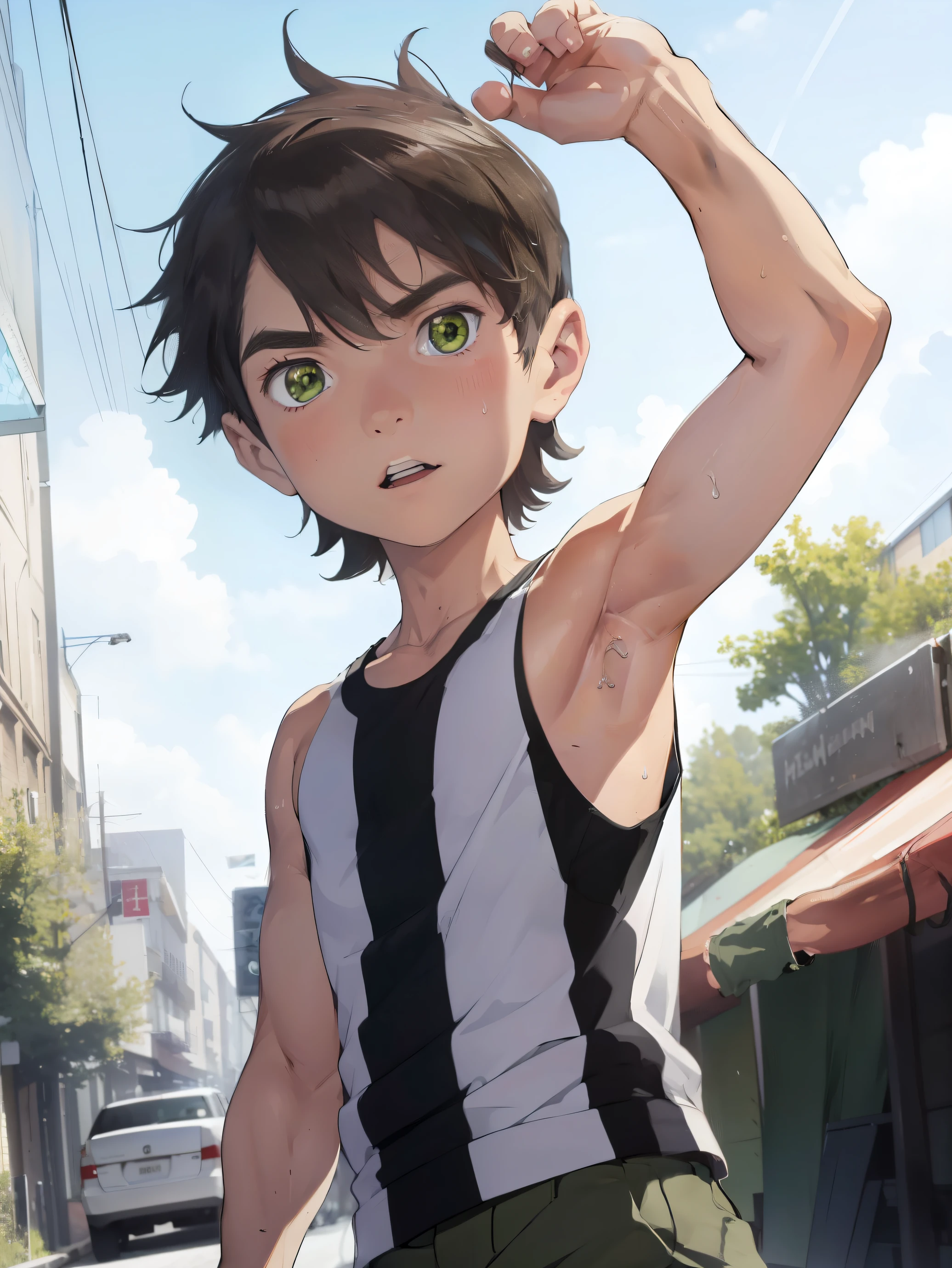 Highres, Masterpiece, Best quality at best,Best Quality, 1boy, bentennyson, green eyes, cargo pants, Tank top, Seen from the front, (Armpit), Sweat, the day, summer