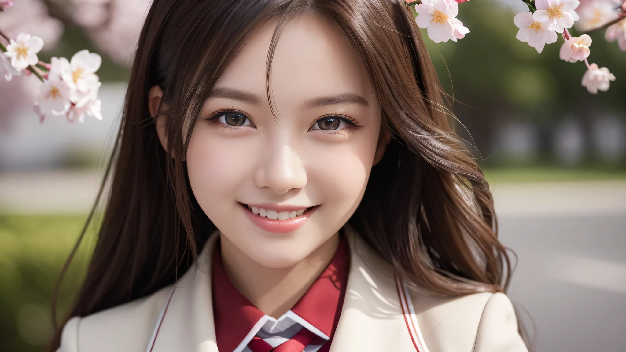 1girl, (Best Quality:1.4), (Ultra-detailed), (extremely detailed beautiful face), Amazing face and eyes, (long hair), cute smile, brown eyes, (highly detailed Beautiful face), (high school uniform:1.2), (extremely detailed CG unified 8k wallpaper), Highly detailed, High-definition raw color photos, Professional Photography, Realistic portrait, evening, Extremely high resolution, smiling, cherry blossoms,