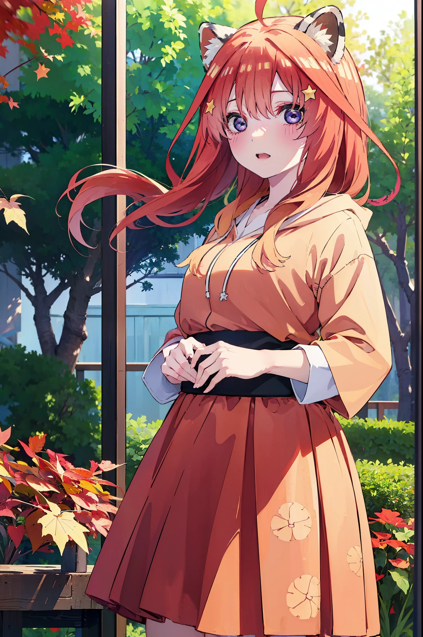 itsukinakano, itsuki nakano, bangs, blue eyes, hair between eyes, Ahoge, redhead, star \(symbol\), short braided hair,hair ornaments, star hair ornaments,smile,blush,animal ears　raccoon ears,animal tail　raccoon tail,red hoodie,white long skirt,Cute Sandals,autumn leaves,autumn leavesが散っている,autumn leaves道,whole bodyがイラストに入るように,
break outdoors,garden,
break looking at viewer,whole body,(cowboy shot:1.5),
break (masterpiece:1.2), highest quality, High resolution, unity 8k wallpaper, (shape:0.8), (beautiful deしっぽed eyes:1.6), extremely deしっぽed face, perfect lighting, extremely deしっぽed CG, (perfect hands, perfect anatomy),