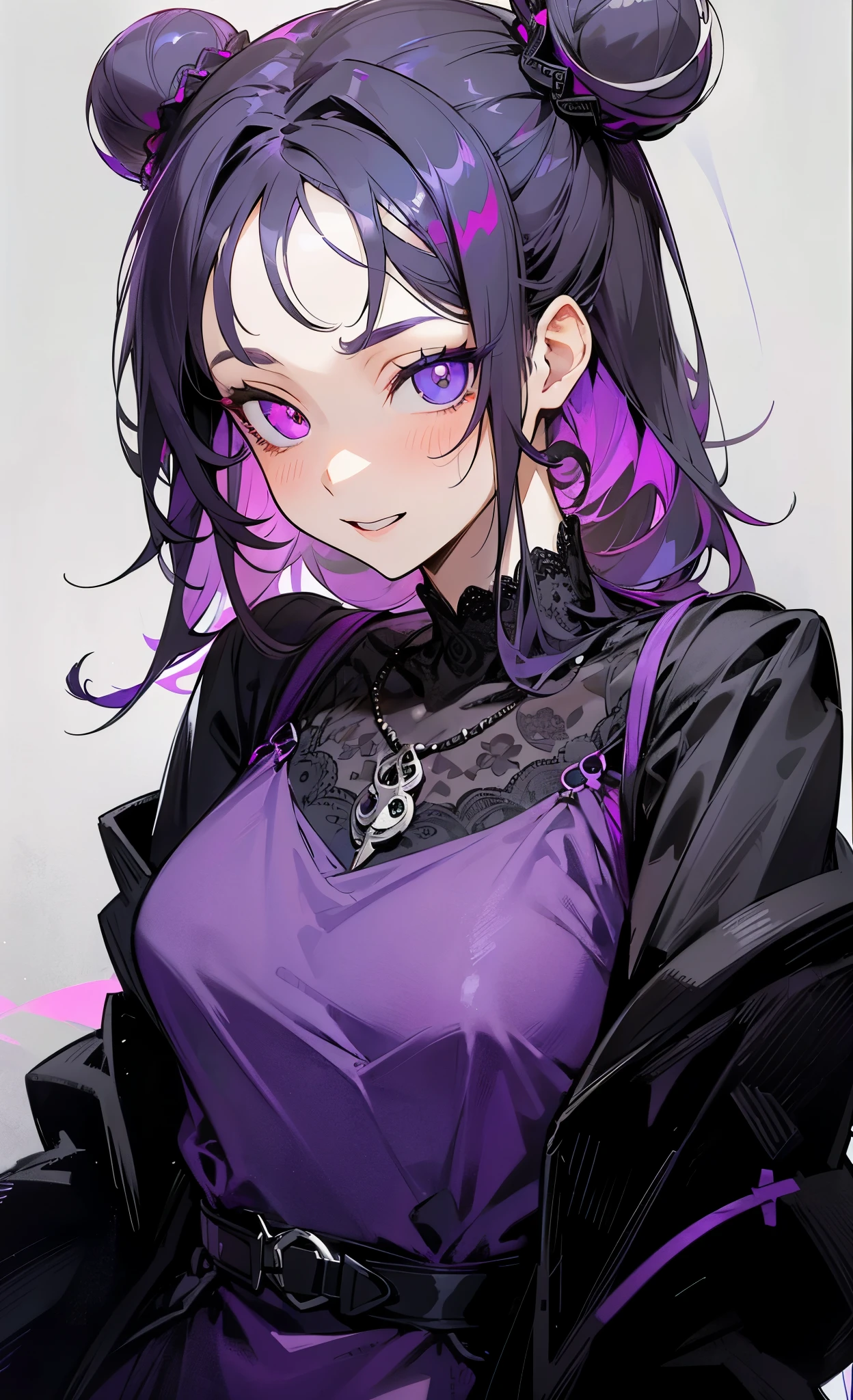 1female, black hair, purple colored inner hair, heterochromia, two buns, let down hair, ((((white eye)))), purple eye, black lace undercothing, purple overdress, purple necklace, excited expression, detailed eyes, white background