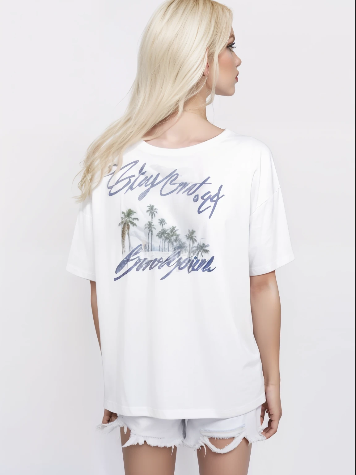 a blonde woman wearing a white shirt with palm trees on it, tee shirt graphic, summer shirt, t - shirt, t-shirt, graphic tees, uniform off - white sky, white tshirt, productphoto, white t-shirt, white t - shirt, trending on r/streetwear, dressed in a white t shirt, clothing photography, dressed in a white t-shirt, white background.