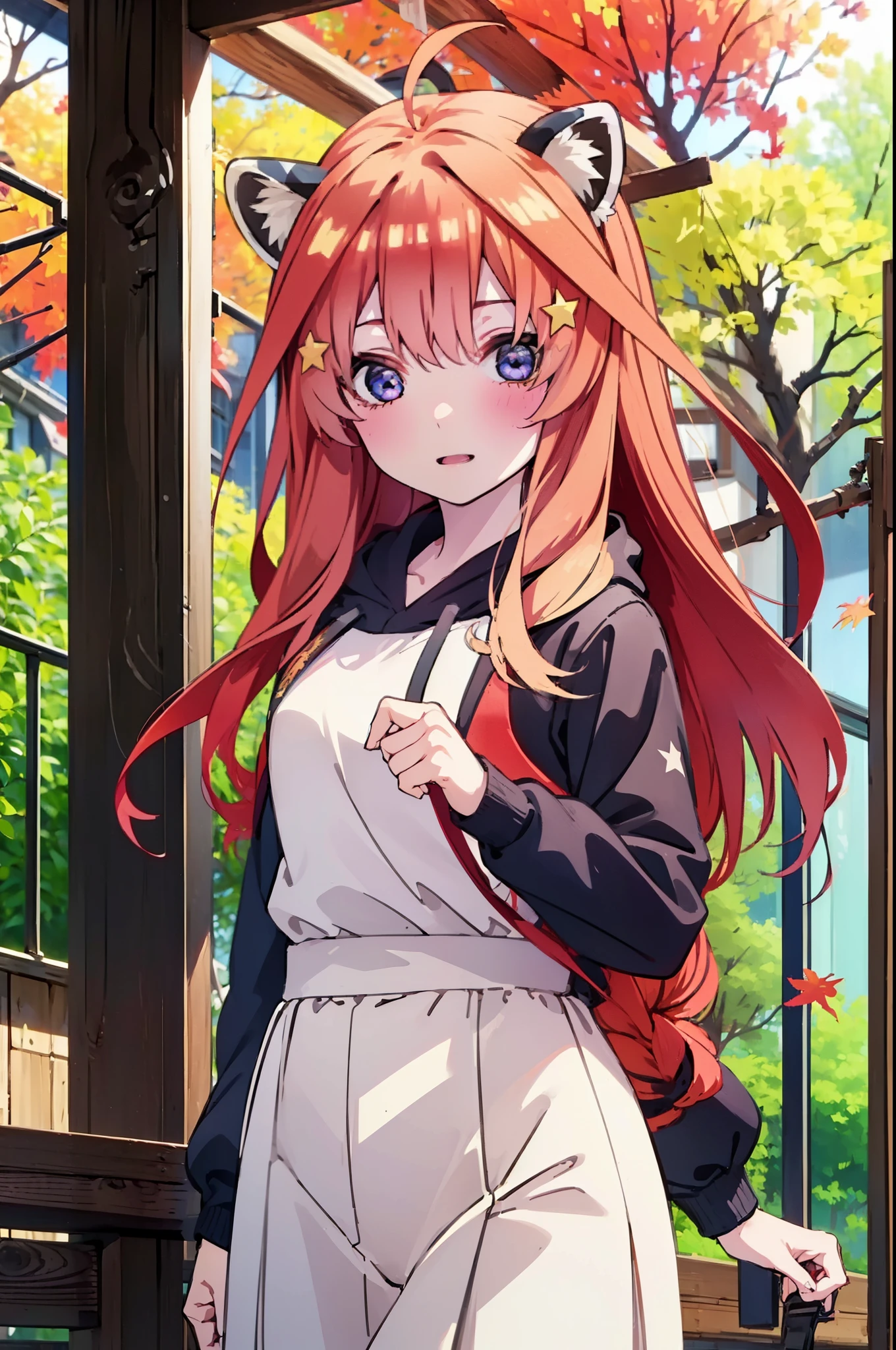 itsukinakano, itsuki nakano, bangs, blue eyes, hair between eyes, Ahoge, redhead, star \(symbol\), short braided hair,hair ornaments, star hair ornaments,smile,blush,animal ears　raccoon ears,animal tail　raccoon tail,red hoodie,white long skirt,Cute Sandals,autumn leaves,autumn leavesが散っている,autumn leaves道,whole bodyがイラストに入るように,
break outdoors,garden,
break looking at viewer,whole body,(cowboy shot:1.5),
break (masterpiece:1.2), highest quality, High resolution, unity 8k wallpaper, (shape:0.8), (beautiful deしっぽed eyes:1.6), extremely deしっぽed face, perfect lighting, extremely deしっぽed CG, (perfect hands, perfect anatomy),