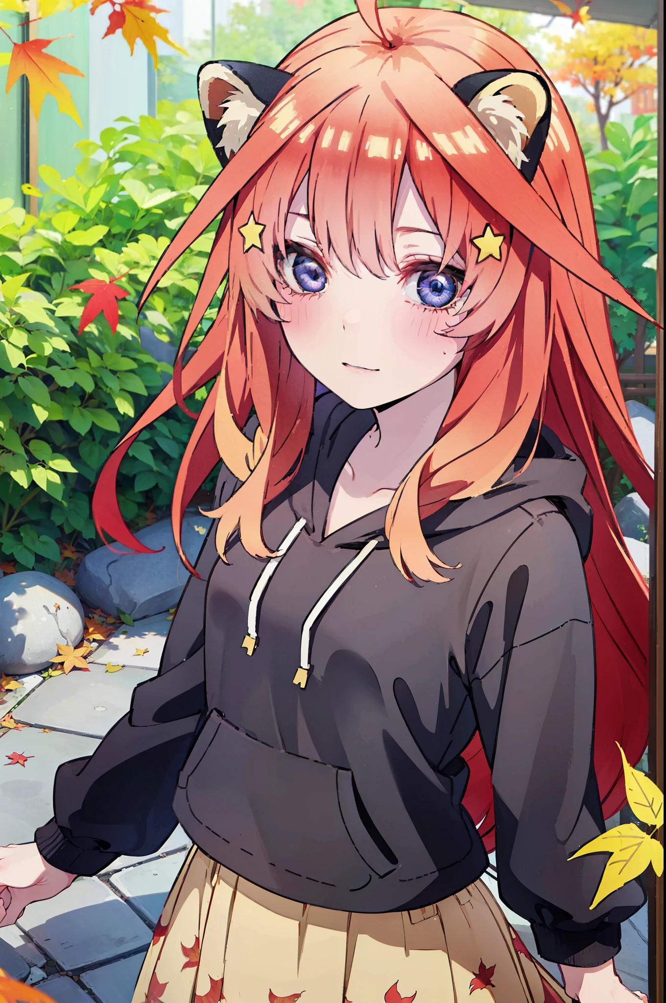 itsukinakano, itsuki nakano, bangs, blue eyes, hair between eyes, Ahoge, redhead, star \(symbol\), short braided hair,hair ornaments, star hair ornaments,smile,blush,animal ears raccoon ears,animal tail raccoon tail,red hoodie,white long skirt,Cute Sandals,autumn leaves,autumn leavesが散っている,autumn leaves道,whole bodyがイラストに入るように,
break outdoors,garden,
break looking at viewer,whole body,(cowboy shot:1.5),
break (masterpiece:1.2), highest quality, High resolution, unity 8k wallpaper, (shape:0.8), (beautiful deしっぽed eyes:1.6), extremely deしっぽed face, perfect lighting, extremely deしっぽed CG, (perfect hands, perfect anatomy),