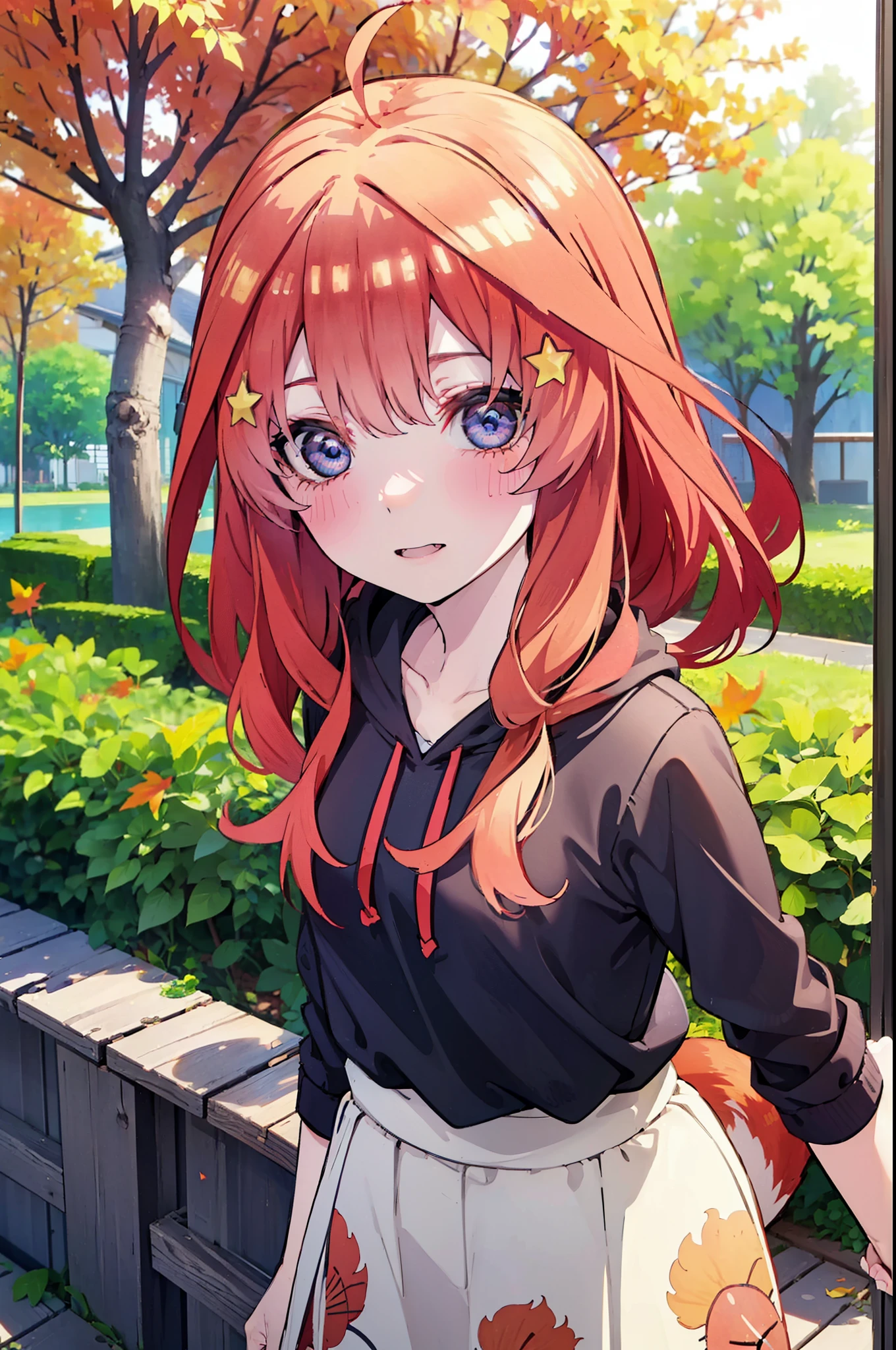 itsukinakano, itsuki nakano, bangs, blue eyes, hair between eyes, Ahoge, redhead, star \(symbol\), short braided hair,hair ornaments, star hair ornaments,smile,blush,animal ears　raccoon ears,animal tail　raccoon tail,red hoodie,white long skirt,Cute Sandals,autumn leaves,autumn leavesが散っている,autumn leaves道,whole bodyがイラストに入るように,
break outdoors,garden,
break looking at viewer,whole body,(cowboy shot:1.5),
break (masterpiece:1.2), highest quality, High resolution, unity 8k wallpaper, (shape:0.8), (beautiful deしっぽed eyes:1.6), extremely deしっぽed face, perfect lighting, extremely deしっぽed CG, (perfect hands, perfect anatomy),