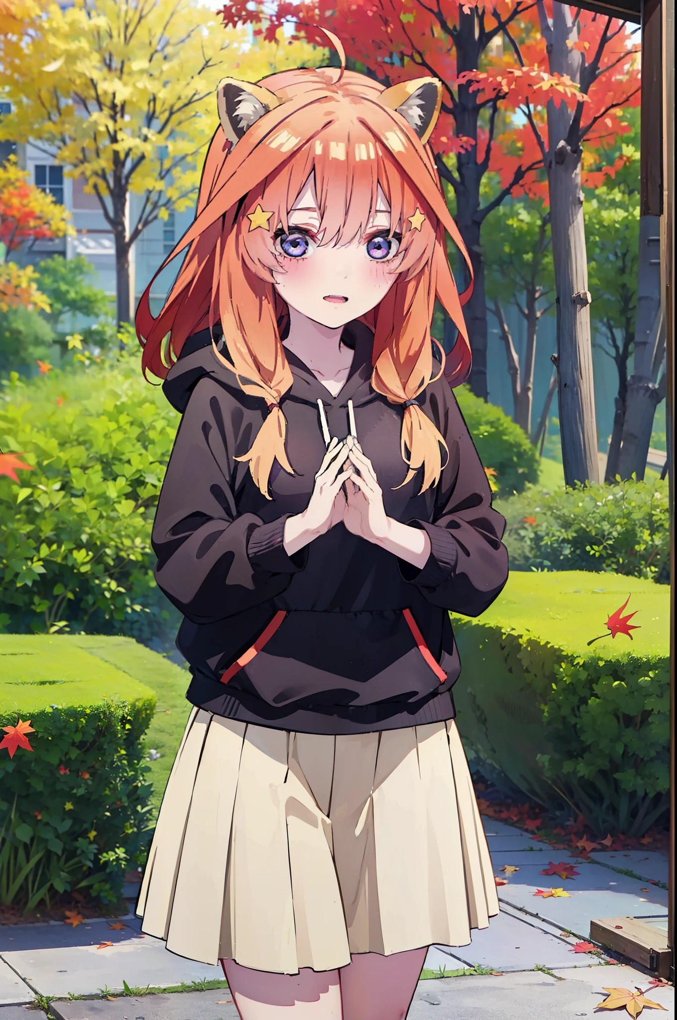 itsukinakano, itsuki nakano, bangs, blue eyes, hair between eyes, Ahoge, redhead, star \(symbol\), short braided hair,hair ornaments, star hair ornaments,smile,blush,animal ears raccoon ears,animal tail raccoon tail,red hoodie,white long skirt,Cute Sandals,autumn leaves,autumn leavesが散っている,autumn leaves道,whole bodyがイラストに入るように,
break outdoors,garden,
break looking at viewer,whole body,(cowboy shot:1.5),
break (masterpiece:1.2), highest quality, High resolution, unity 8k wallpaper, (shape:0.8), (beautiful deしっぽed eyes:1.6), extremely deしっぽed face, perfect lighting, extremely deしっぽed CG, (perfect hands, perfect anatomy),