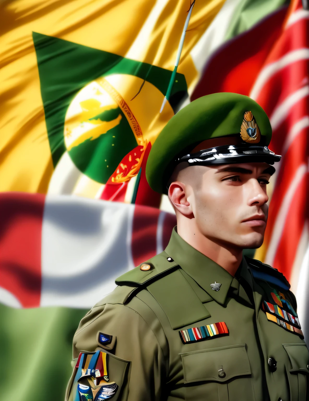 (best quality,realistic:1.37),soldier,green,blue backdrop,yellow,fading colors,Brazilian flag,army,uniform,serious expression,proud stance,detailed equipment,military boots,medal,celebrating victory,bravery,strength,confidence,flag waving in the wind,stars and stripes,heroic figure,shadows and highlights,sharp focus,high-resolution,artistic rendering,portraits.