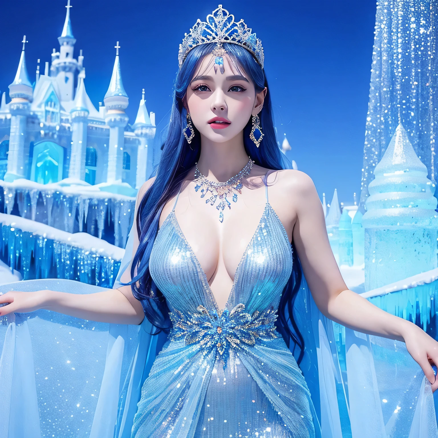 Luxurious light blue sequin dress、tiara、luxury necklace、medium breasts、valley、A beautiful woman with a sense of transparency、cute、ice castle in the background