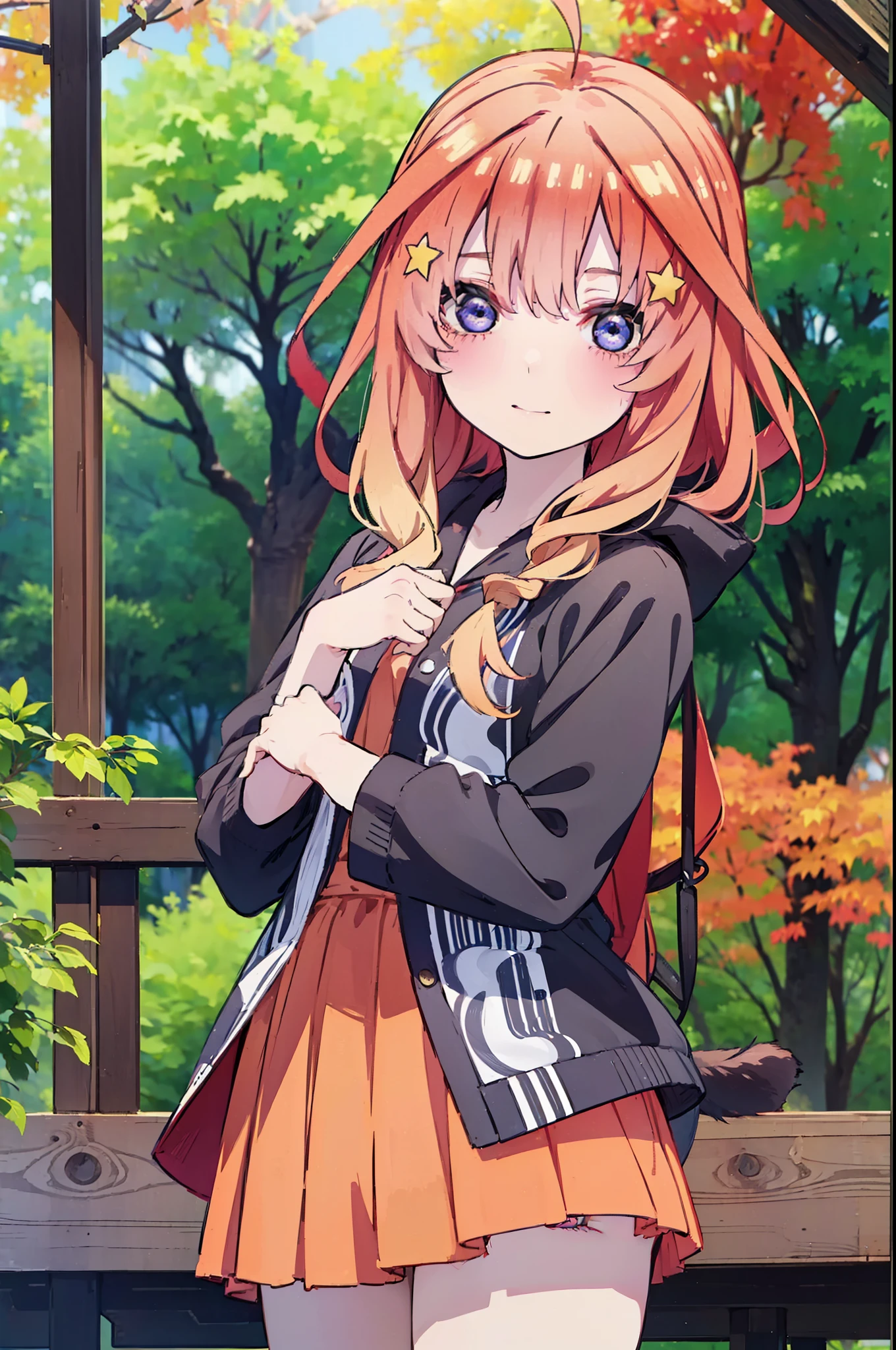 itsukinakano, itsuki nakano, bangs, blue eyes, hair between eyes, Ahoge, redhead, star \(symbol\), short braided hair,hair ornaments, star hair ornaments,smile,blush,animal ears　raccoon ears,animal tail　raccoon tail,red hoodie,white long skirt,Cute Sandals,autumn leaves,autumn leavesが散っている,autumn leaves道,whole bodyがイラストに入るように,
break outdoors,garden,
break looking at viewer,whole body,(cowboy shot:1.5),
break (masterpiece:1.2), highest quality, High resolution, unity 8k wallpaper, (shape:0.8), (beautiful deしっぽed eyes:1.6), extremely deしっぽed face, perfect lighting, extremely deしっぽed CG, (perfect hands, perfect anatomy),