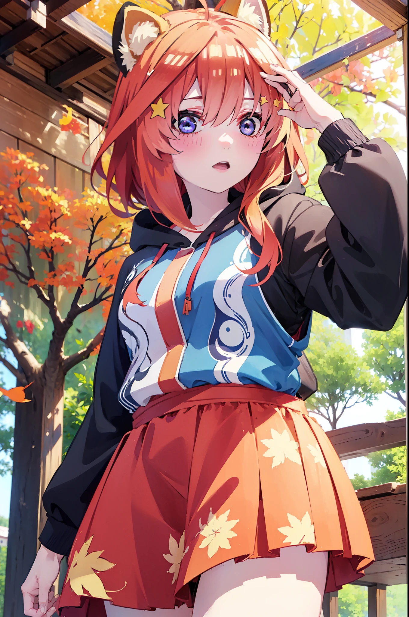 itsukinakano, itsuki nakano, bangs, blue eyes, hair between eyes, Ahoge, redhead, star \(symbol\), short braided hair,hair ornaments, star hair ornaments,smile,blush,animal ears　raccoon ears,animal tail　raccoon tail,red hoodie,white long skirt,Cute Sandals,autumn leaves,autumn leavesが散っている,autumn leaves道,whole bodyがイラストに入るように,
break outdoors,garden,
break looking at viewer,whole body,(cowboy shot:1.5),
break (masterpiece:1.2), highest quality, High resolution, unity 8k wallpaper, (shape:0.8), (beautiful deしっぽed eyes:1.6), extremely deしっぽed face, perfect lighting, extremely deしっぽed CG, (perfect hands, perfect anatomy),