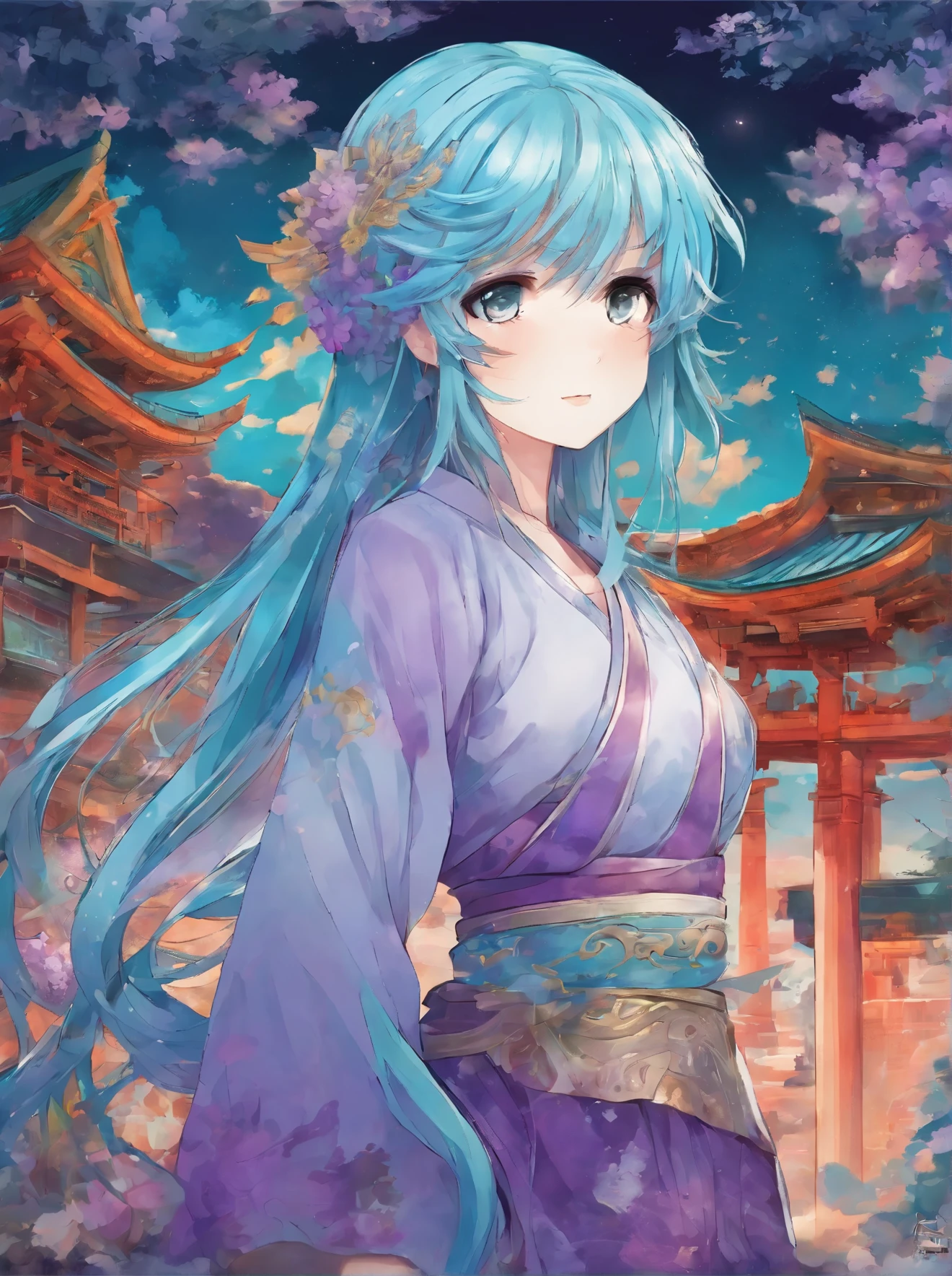Masterpiece. High-resolution. (1girl) about 20 years old. Pretty beautiful girl. Standing pose. Imposing. Pretty big purple eyes. Delicate face. ((Long light blue hair)). Straight hair. Messy hair. Hair bangs. Hair blowing in the wind. ((Turquoise tunic)). ((Purple tide pants)). Leather boots. Greek ruins background with cosmic skies.