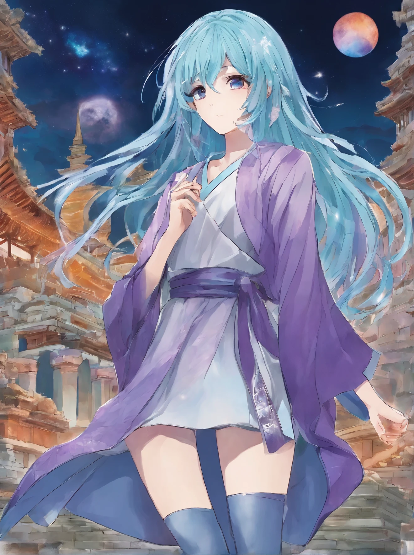 Masterpiece. High-resolution. (1girl) about 20 years old. Pretty beautiful girl. Standing pose. Imposing. Pretty big purple eyes. Delicate face. ((Long light blue hair)). Straight hair. Messy hair. Hair bangs. Hair blowing in the wind. ((Turquoise tunic)). ((Purple tide pants)). Leather boots. Greek ruins background with cosmic skies.