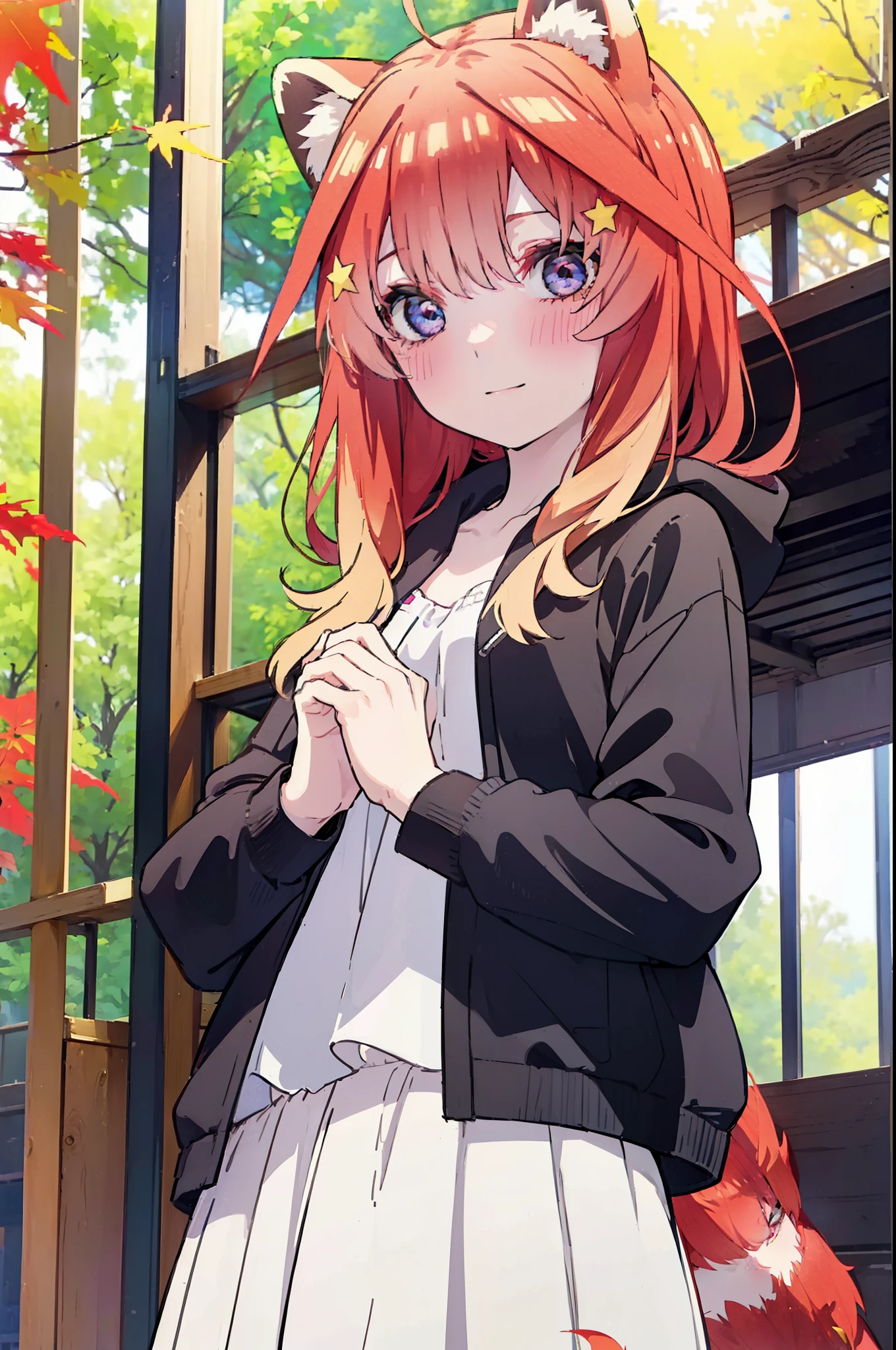 itsukinakano, itsuki nakano, bangs, blue eyes, hair between eyes, Ahoge, redhead, star \(symbol\), short braided hair,hair ornaments, star hair ornaments,smile,blush,animal ears　raccoon ears,animal tail　raccoon tail,red hoodie,white long skirt,Cute Sandals,autumn leaves,autumn leavesが散っている,autumn leaves道,whole bodyがイラストに入るように,
break outdoors,garden,
break looking at viewer,whole body,(cowboy shot:1.5),
break (masterpiece:1.2), highest quality, High resolution, unity 8k wallpaper, (shape:0.8), (beautiful deしっぽed eyes:1.6), extremely deしっぽed face, perfect lighting, extremely deしっぽed CG, (perfect hands, perfect anatomy),