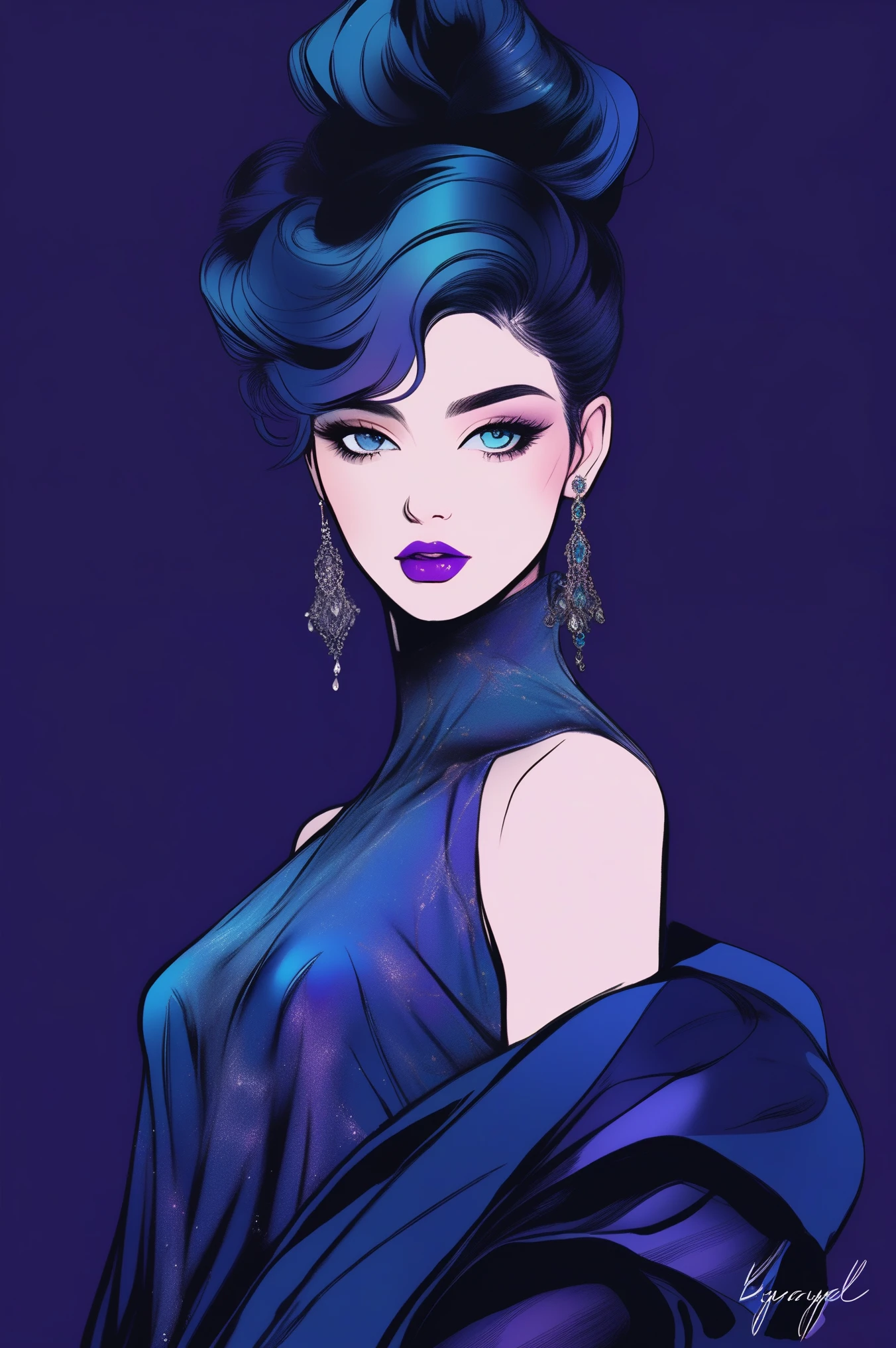 (best quality, sketch:1.2),realistic,illustrator,anime,1 girl, detailed lips,custom, bad women, details, black and  aquamarine gradient background,neon hair,textured cropping, masterpiece, style retro classic, [a close up of women dummy, sexy dress, silk dress, mercury dress, astral dress, beautiful silky dress, sexy gown, dark dress, dark purple garments, revealing stylish dress, dark astral dress, soft silk dress, elegant dark blue dress, stylish dark dress, airbrush dark dress, fantasy dress, baroque dress, extravagant dress]