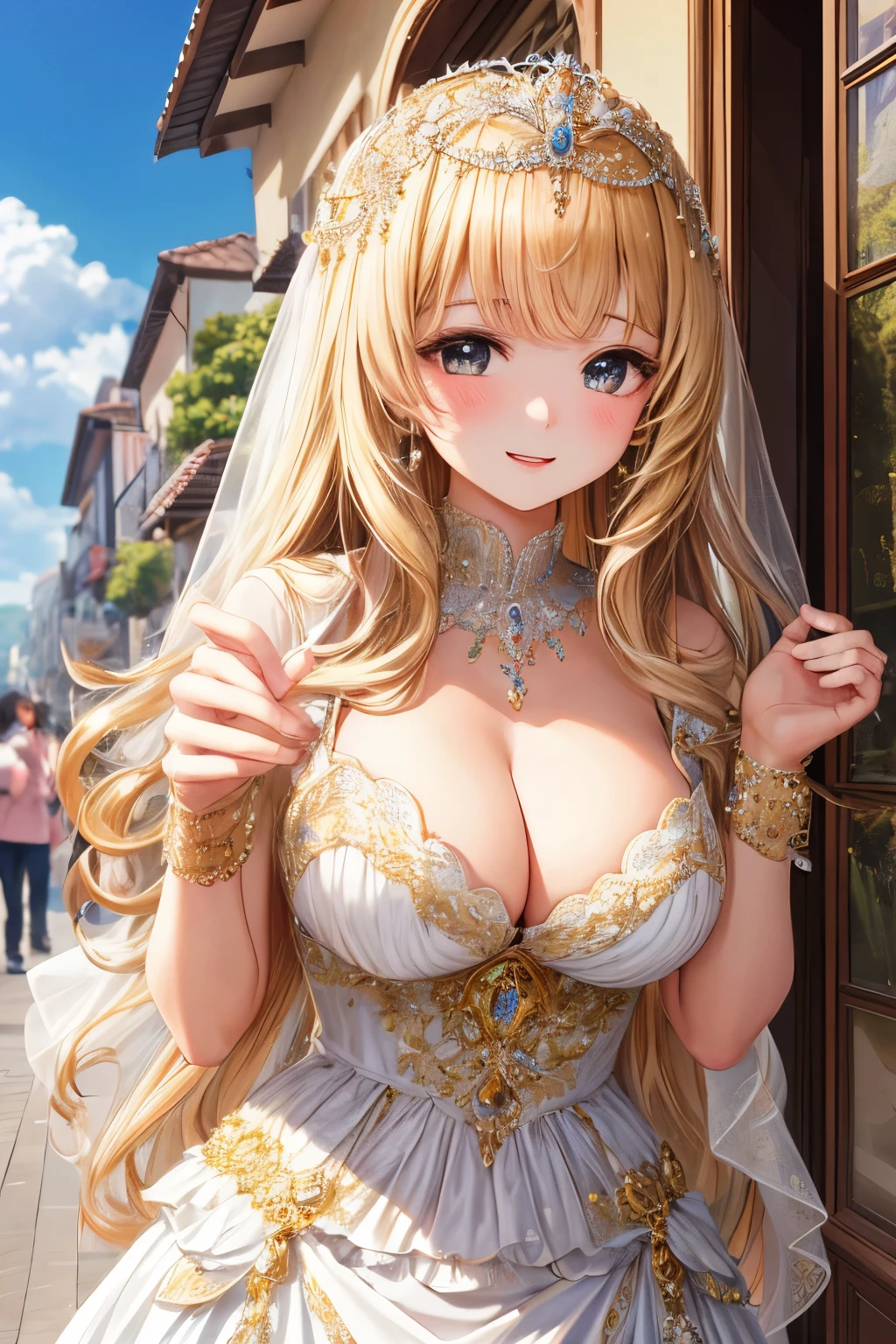 In the heart of a picturesque street on a sunny spring day, a high-quality image captures the essence of elegance and youth. Centered in the frame is a -yeld gi resembling a delicate princess with her mesmerizing beauty. Her medium golden hair cascades down, framing her beautiful delicate features. Adorned upon her head is a tiara, glistening with glittering jewels, enhancing her regal aura. The girl is dressed in a sparkling white gown, meticulously crafted with elaborate royal clothes, embodying grace and poise. The medium-sized breasts and silky skin accentuate her youthful femininity. Though shy and somewhat embarrassed, her full-face blush brings an alluring charm to her appearance. In a playful pose, she is