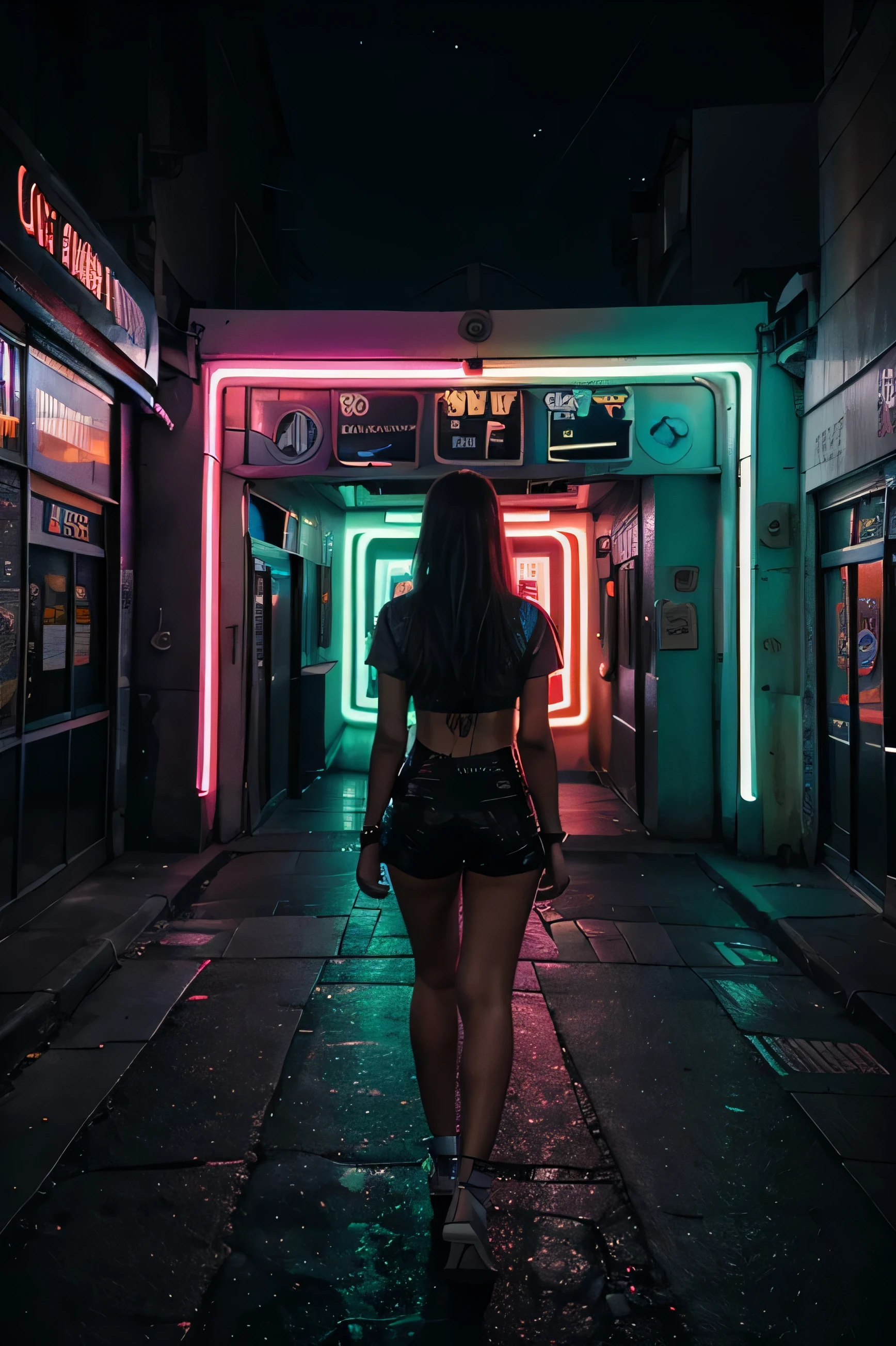Imagine uma cena urbana noturna, where the streets are lit by vibrant neons. No centro da imagem, destacando-se entre as luzes da cidade, is the title 'Neon Nights Lights' in a bright, modern typography. Ao fundo, Tall buildings rise, reflecting the bright colors of neons. The night sky is dotted with stars, adding a touch of magic to the urban landscape. No primeiro plano, podemos ver uma figura misteriosa caminhando pela rua, envolta no brilho neon, evoking a sense of adventure and mystery. The combination of urban and neon elements creates an electrifying and contemporary atmosphere, perfectly capturing the spirit of the song 'Neon Nights Lights'."