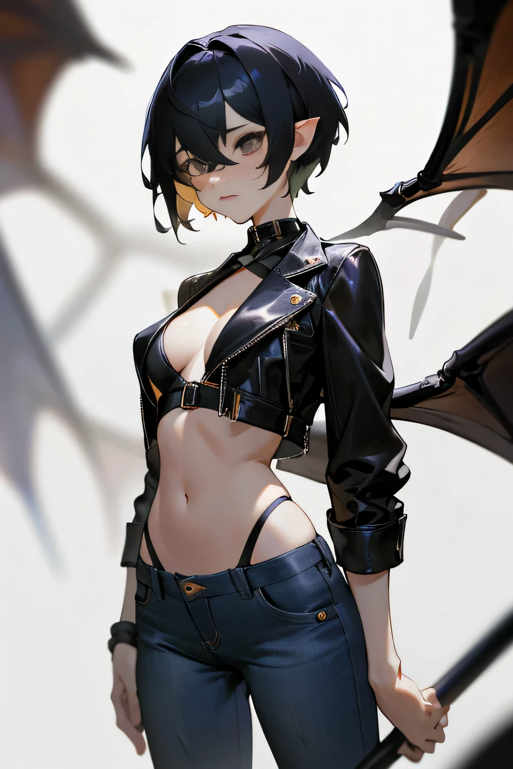 masterpiece、high quality、1 girl、nice、alone、medium breasts、short hair、(hair between eyes)、(00BFFE Pixie cut)、bat wings、Disappointed face、top rescyclo bikini、cropped flare jeans、leather blazer)