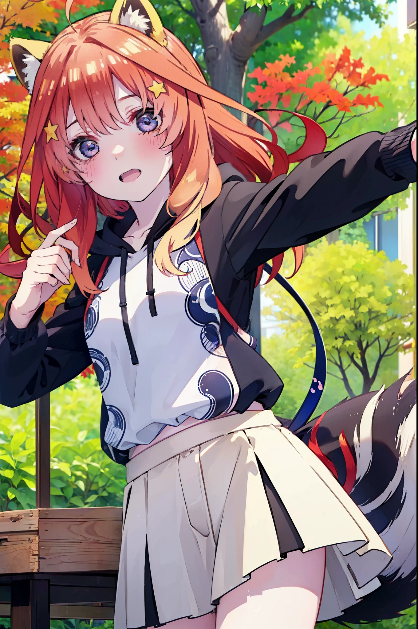 itsukinakano, itsuki nakano, bangs, blue eyes, hair between eyes, Ahoge, redhead, star \(symbol\), short braided hair,hair ornaments, star hair ornaments,smile,blush,animal ears　raccoon ears,animal tail　raccoon tail,red hoodie,white long skirt,Cute Sandals,autumn leaves,autumn leavesが散っている,autumn leaves道,whole bodyがイラストに入るように,
break outdoors,garden,
break looking at viewer,whole body,(cowboy shot:1.5),
break (masterpiece:1.2), highest quality, High resolution, unity 8k wallpaper, (shape:0.8), (beautiful deしっぽed eyes:1.6), extremely deしっぽed face, perfect lighting, extremely deしっぽed CG, (perfect hands, perfect anatomy),