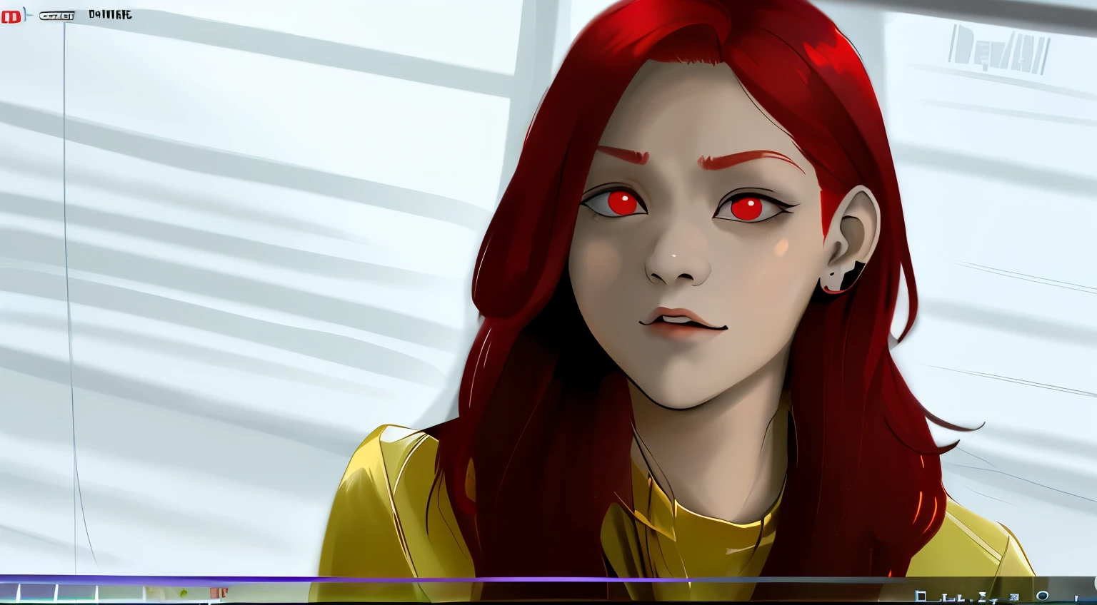  girl red hair red eyes is speaking with hate with contempt