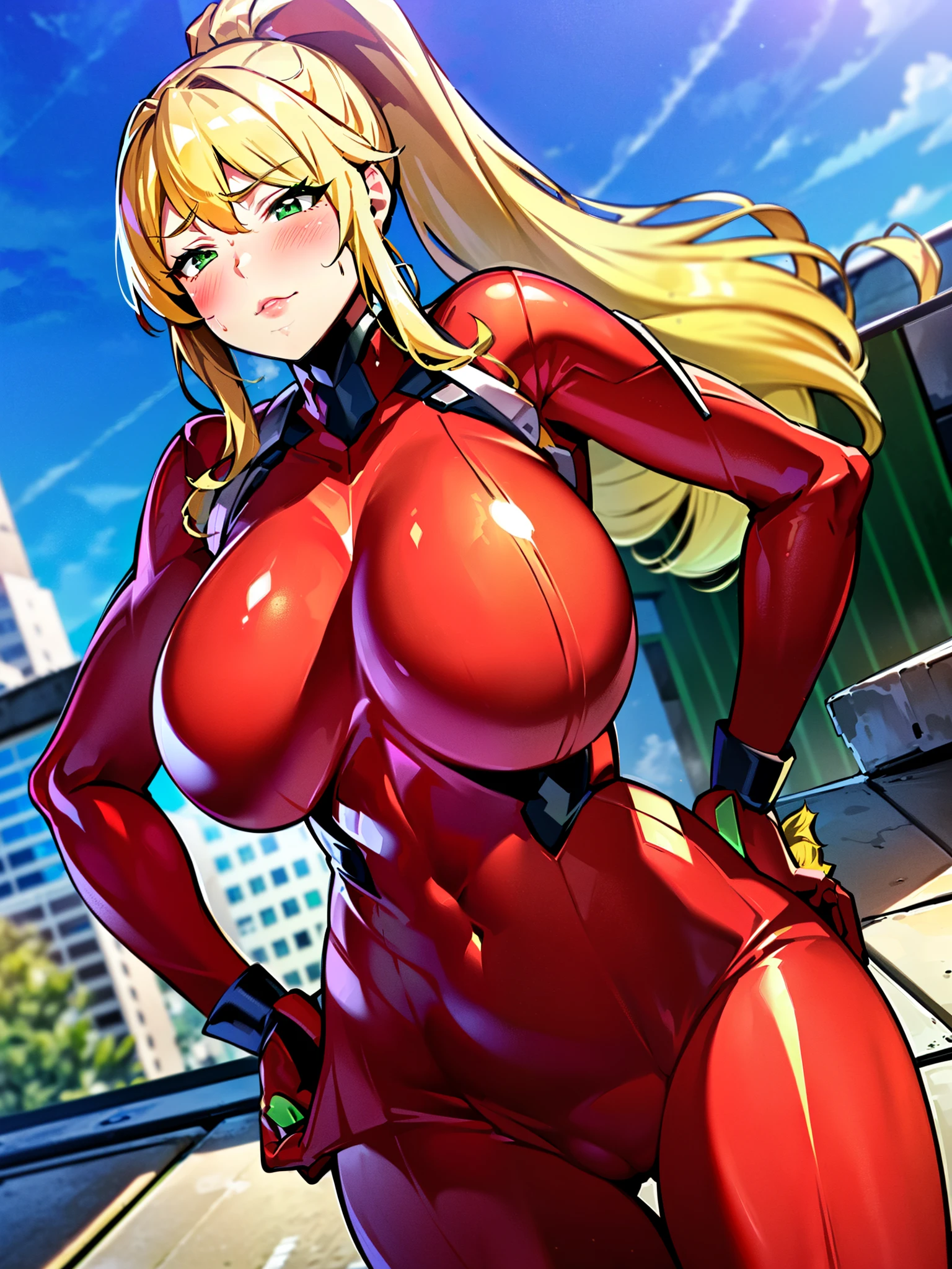 masterpiece, best quality, extremely detailed, 1girl, milf, solo, shiranui mai, (huge breasts:1.4), ((((blonde hair), long hair, ponytail, green eyes))), parted lips, (((fortified-suit, red plugsuit, showgirl skirt))), ((blush, naughty face, heavy breathing), closed mouth), ((hands on own hips, rooftop))