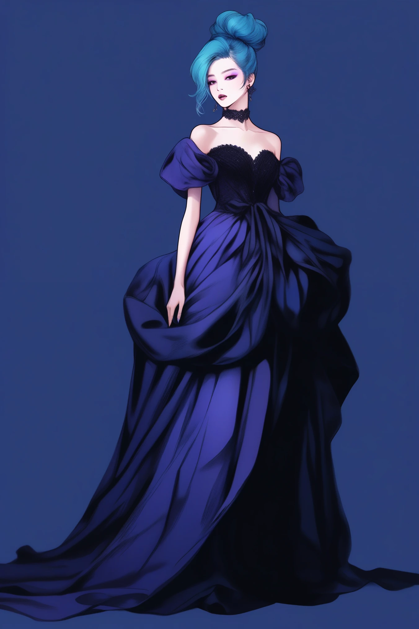 (best quality, sketch:1.2),realistic,illustrator,anime,1 girl, detailed lips,custom, bad women, details, black and  aquamarine gradient background,neon hair,textured cropping, masterpiece, style retro classic, [a close up of women dummy, sexy dress, silk dress, mercury dress, astral dress, beautiful silky dress, sexy gown, dark dress, dark purple garments, revealing stylish dress, dark astral dress, soft silk dress, elegant dark blue dress, stylish dark dress, airbrush dark dress, fantasy dress, baroque dress, extravagant dress] (photo portrait)