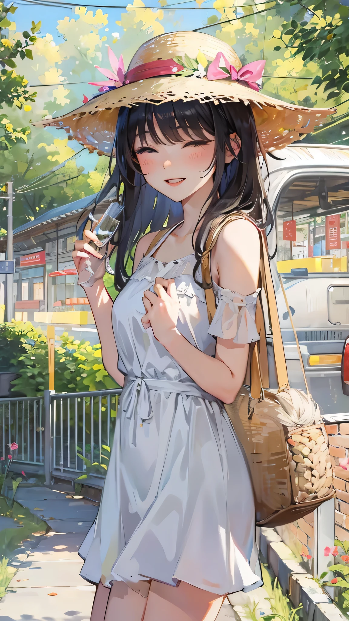 perfect anatomy, masterpiece:1.4, best quality, 8k, beautiful detailed grow, daydreaming expression, in summer, standing solo:1.3 ((blunt bangs)) (black hair long hair immensely cute girl 14 yo, closed sexy eyes, lovely smile), break, in a white One-piece dress, Straw hat, Midsummer Weather, in the Rural bus stop, background is open Mountain stream.