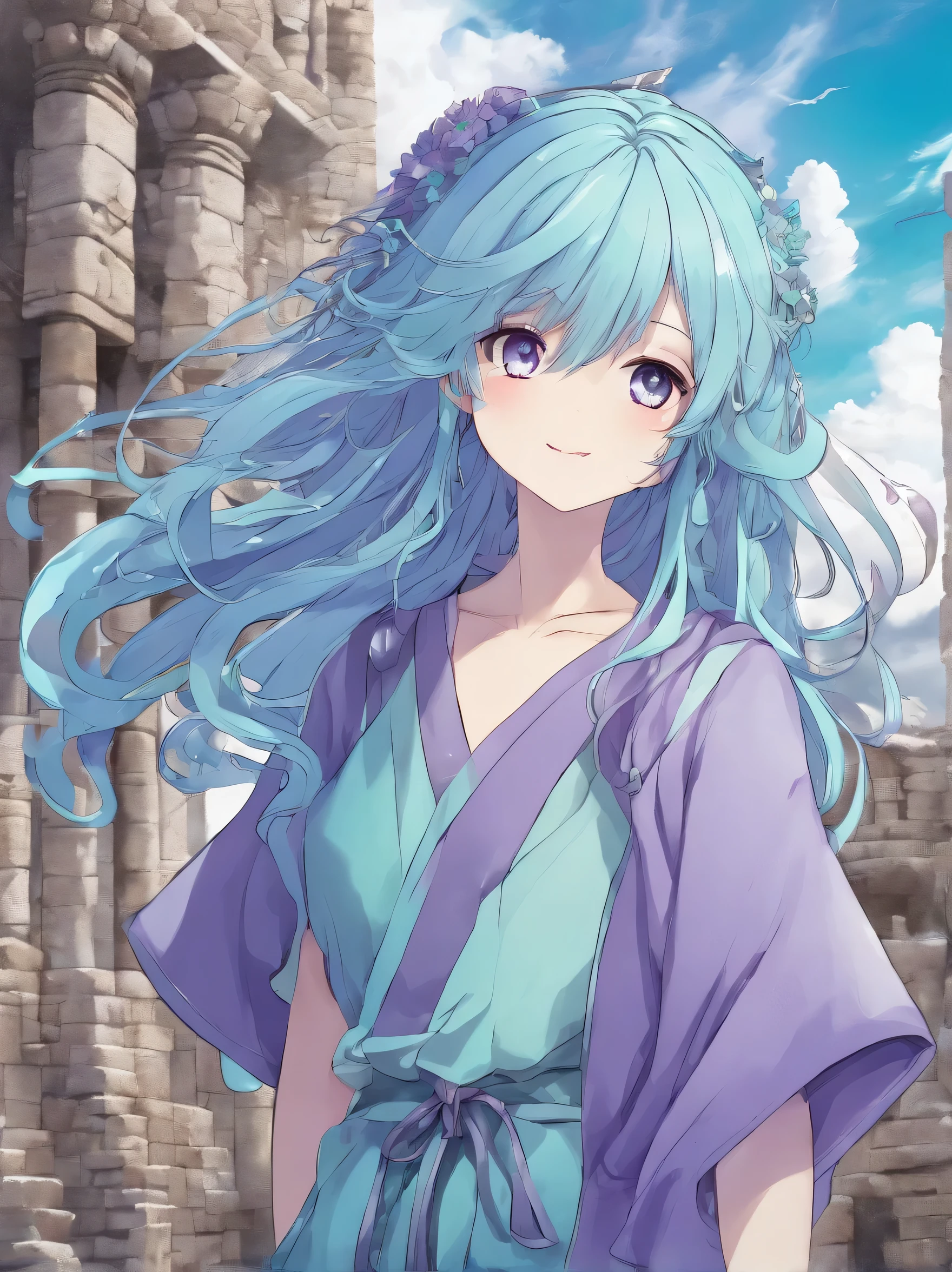 Masterpiece. High-resolution. (1girl) about 20 years old. Pretty beautiful girl. Standing pose. Imposing. Pretty big purple eyes. Delicate face. ((Long light blue hair)). Straight hair. Messy hair. Hair bangs. Hair blowing in the wind. ((Turquoise tunic)). ((Purple tide pants)). Leather boots. Greek ruins background with cosmic skies.