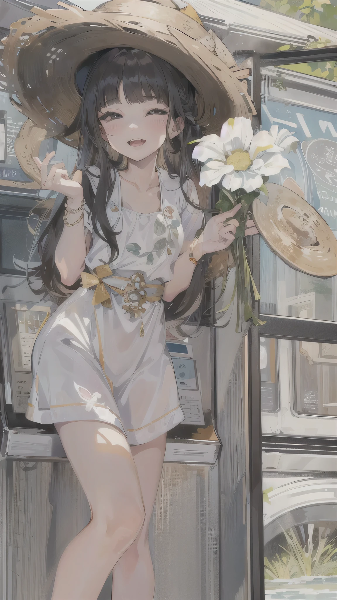 perfect anatomy, masterpiece:1.4, best quality, 8k, beautiful detailed grow, daydreaming expression, in summer, standing solo:1.3 ((blunt bangs)) (black hair long hair immensely cute girl , closed sexy eyes, lovely smile), break, in a white One-piece dress, Straw hat, Midsummer Weather, in the Rural bus stop, background is open Mountain stream.