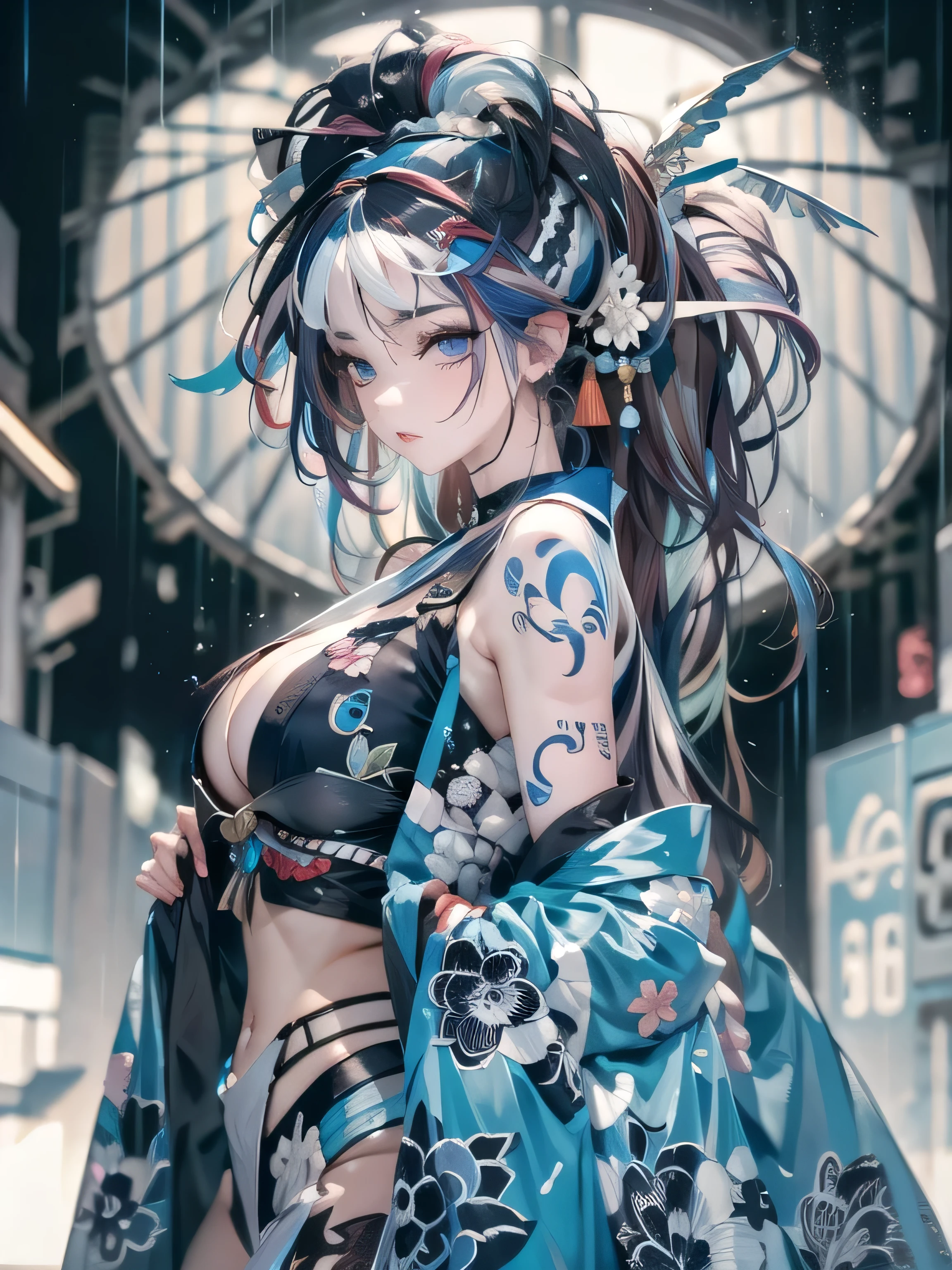 (photorealistic:1.8, highest quality:1.8,8K masterpiece:1.8,High resolution,muste piece:1.8,RAW Photos,cinematic lighting),No split screen, cyber punk、Back alley at night in the city、rain-soaked ground、vapor、
(1 android girl:1.3)、Completely naked、full body tattoo、choker、beautiful breasts、Nipple piercing、kimono、Furisode、beautiful butt,beautiful thighs,plump nipples、Nipples are visible through the costume,cameltoe,Body painting with a pop design drawn all over the body、pop art design、cutting edge fashion、conceptual art、
(Beautiful shining blue black and white hair:1.5)、Disdainful