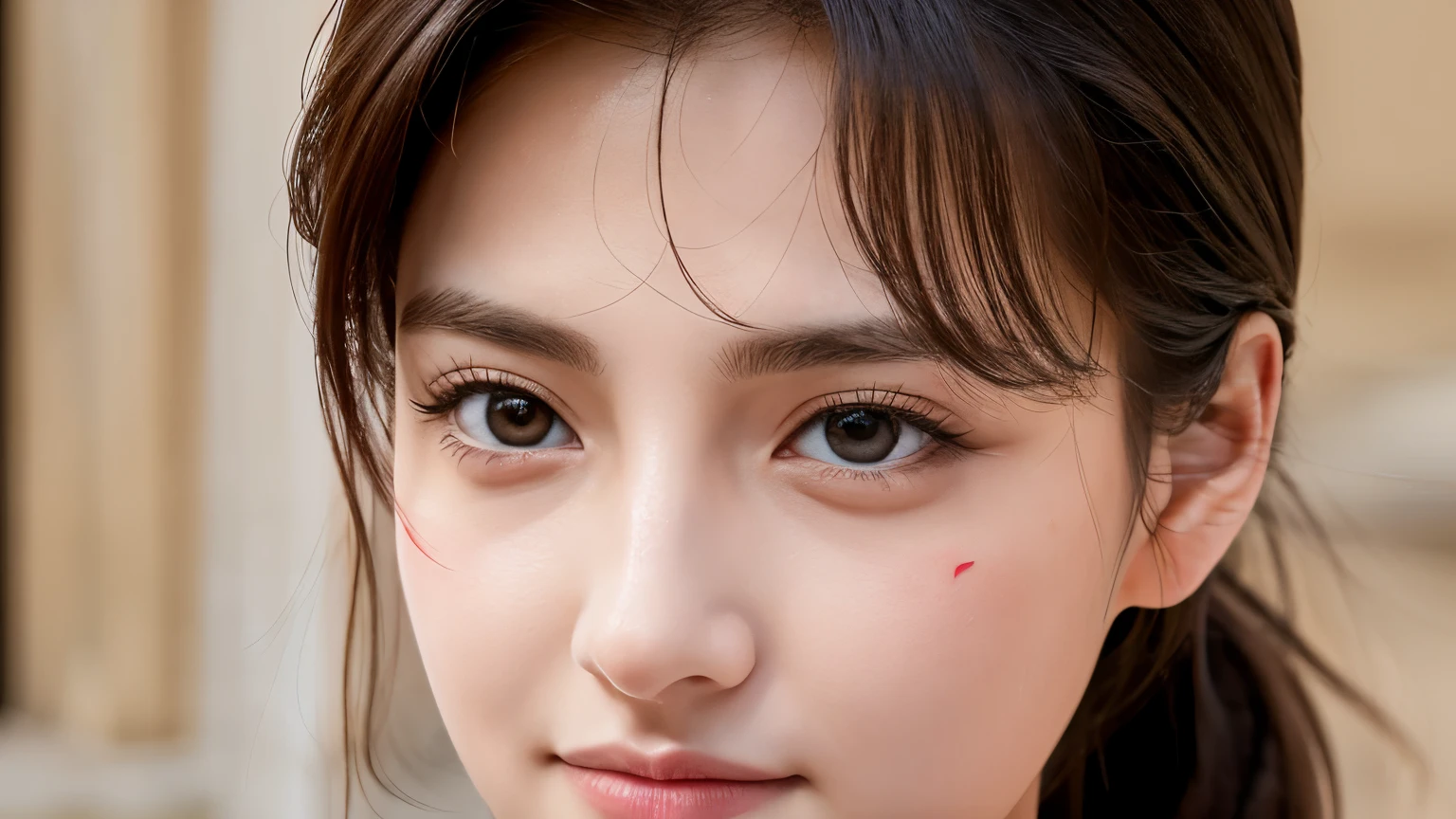 Heart face, round eyes, Greek nose , detail face , uniform, front view, left view, right view, back view, high resolution, photorealistic, hyperealistic, stand,